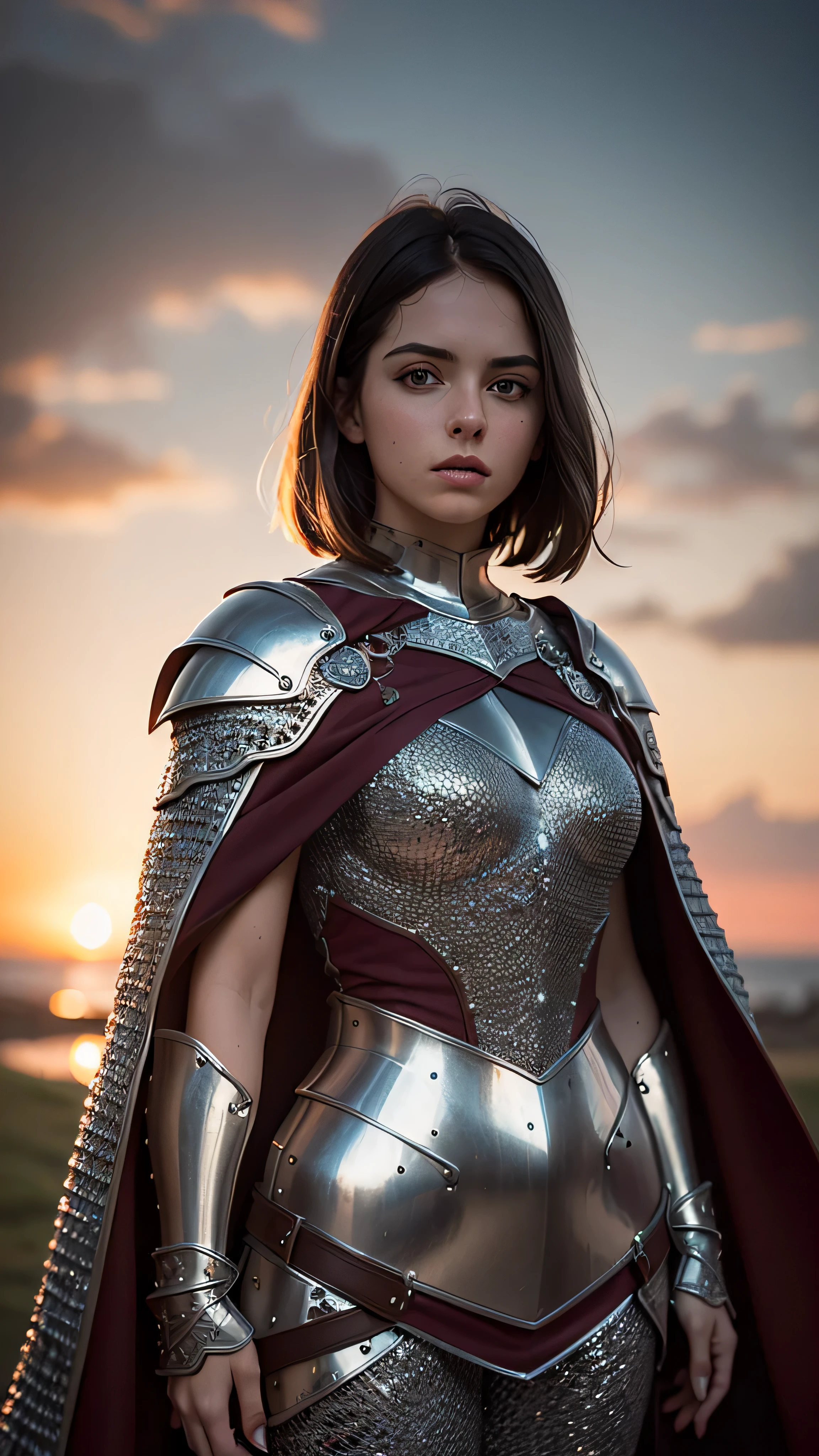 (masterpiece), (extremely intricate:1.3), (realistic), portrait of a girl, (medieval armor), metal reflections, upper body, outdoors, intense sunlight, far away castle, professional photograph of a stunning woman detailed, (short straight dark hair, dynamic pose), sharp focus, dramatic, award winning, cinematic lighting, volumetrics dtx, (film grain, blurry background, blurry foreground, bokeh, depth of field, sunset, interaction, maroon Perfectchainmail, cape)