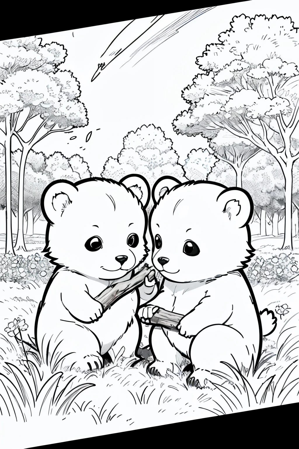 Design style drawing "Bobbie Goods", baby bears playing with a tree branch in a field, drawing style well defined black lines, rostros bien definidos, estilo libro para colorear, sin color de fondo, apto para colorear. Sin personas.