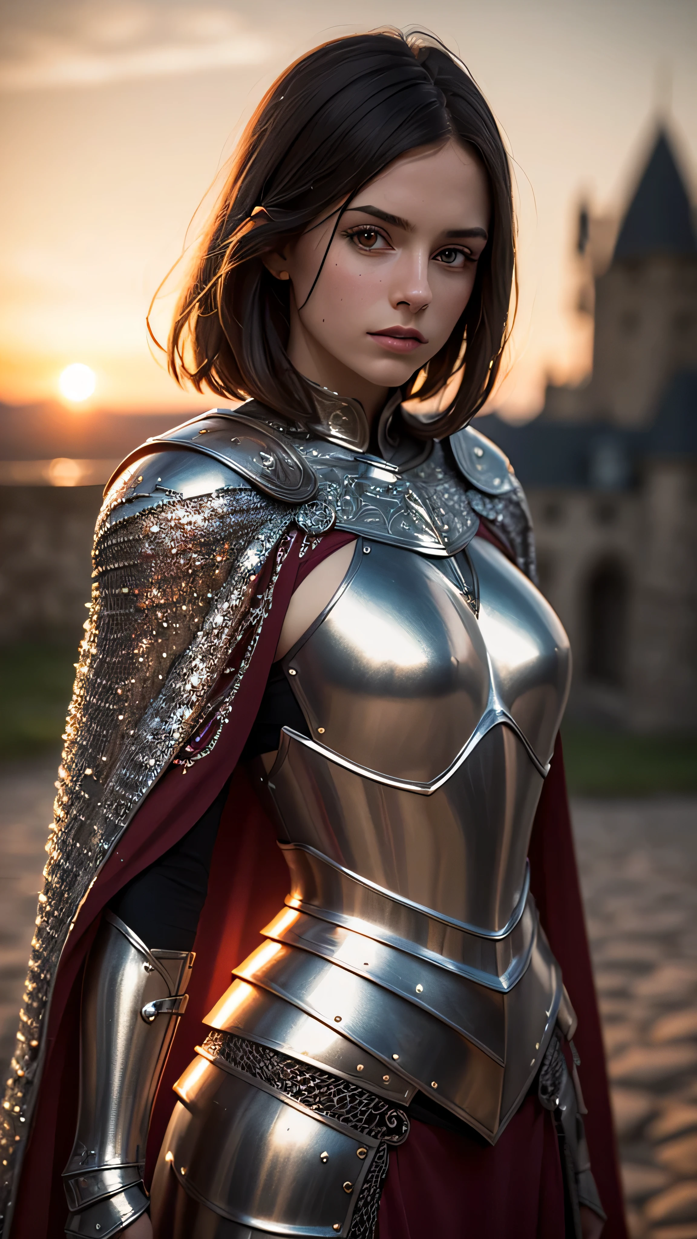 (masterpiece), (extremely intricate:1.3), (realistic), portrait of a girl, (medieval armor), metal reflections, upper body, outdoors, intense sunlight, far away castle, professional photograph of a stunning woman detailed, (short straight dark hair, dynamic pose), sharp focus, dramatic, award winning, cinematic lighting, volumetrics dtx, (film grain, blurry background, blurry foreground, bokeh, depth of field, sunset, interaction, maroon Perfectchainmail, cape)