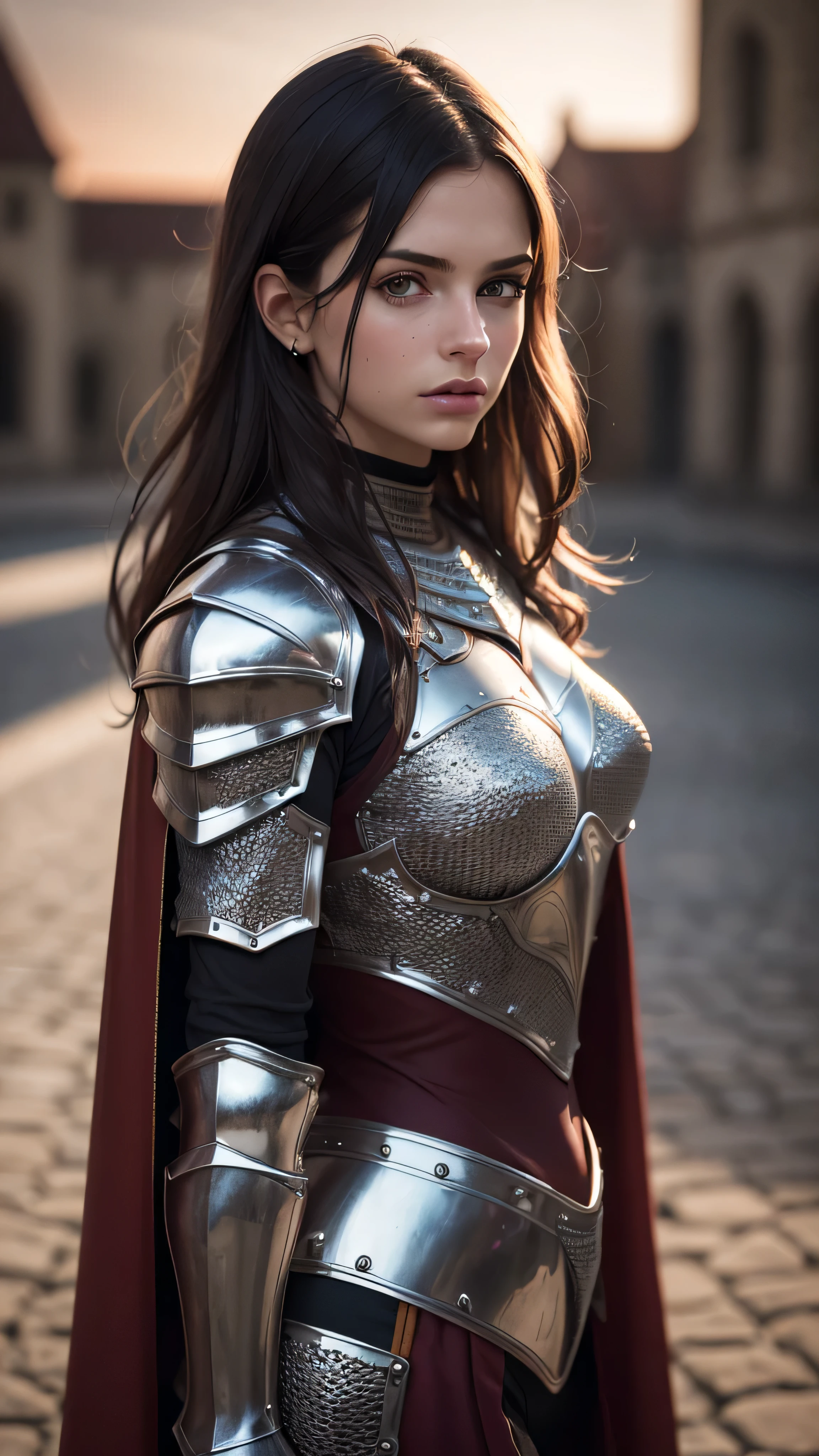 (masterpiece), (extremely intricate:1.3), (realistic), portrait of a girl, (medieval armor), metal reflections, upper body, outdoors, intense sunlight, far away castle, professional photograph of a stunning woman detailed, (short straight dark hair, dynamic pose), sharp focus, dramatic, award winning, cinematic lighting, volumetrics dtx, (film grain, blurry background, blurry foreground, bokeh, depth of field, sunset, interaction, maroon Perfectchainmail, cape)