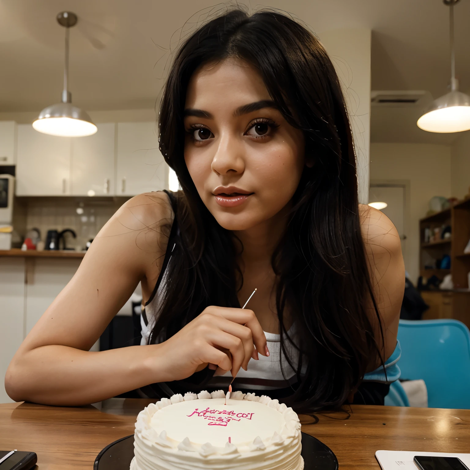 A very beautiful sexy Iranian girl with big eyes and long eyelashes, black hair, a small nose, and a pencil, whose birthday is in the spring, and now it's her birthday and she's blowing out the candles.