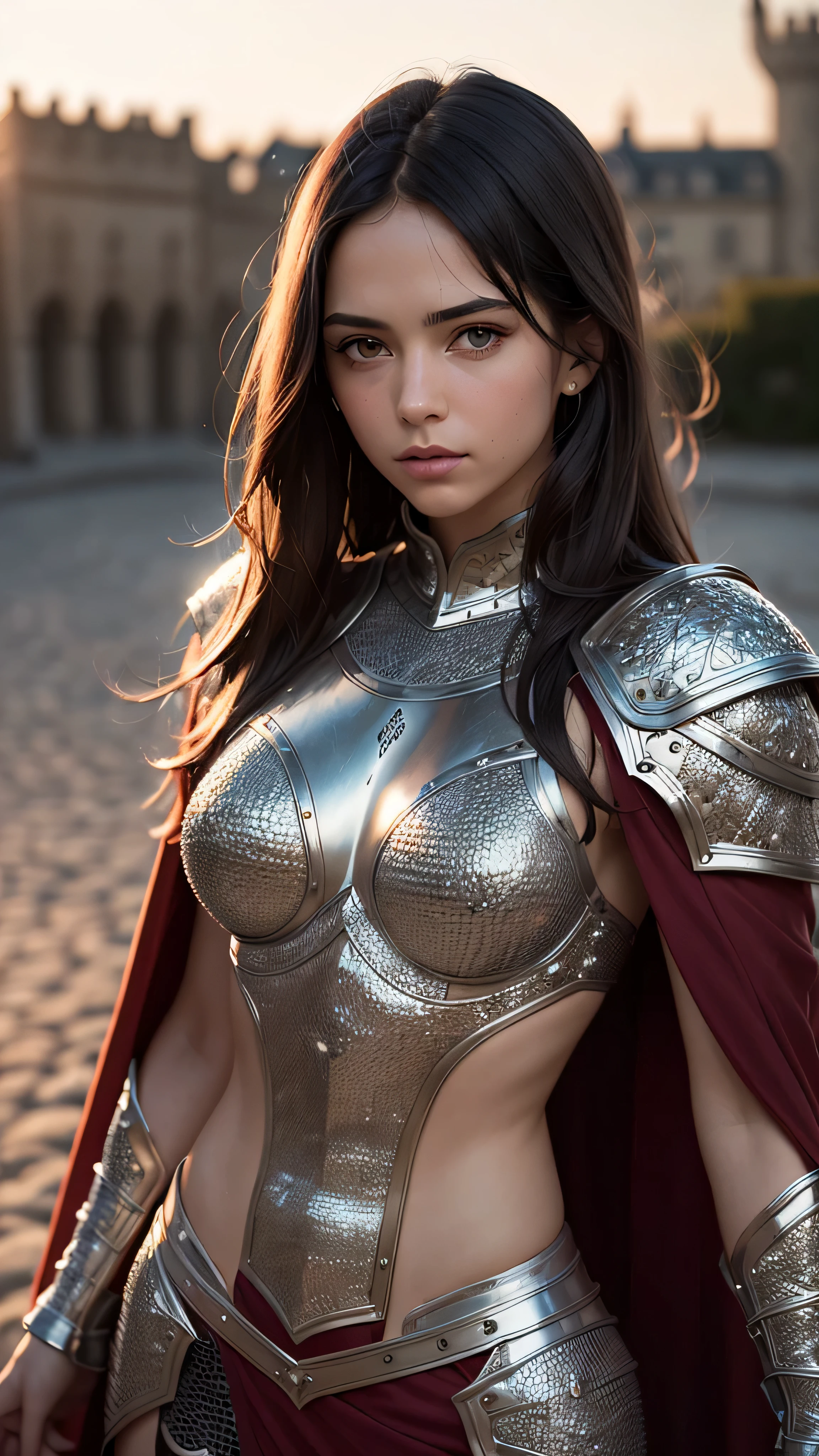 (masterpiece), (extremely intricate:1.3), (realistic), portrait of a girl, (medieval armor), metal reflections, upper body, outdoors, intense sunlight, far away castle, professional photograph of a stunning woman detailed, (short straight dark hair, dynamic pose), sharp focus, dramatic, award winning, cinematic lighting, volumetrics dtx, (film grain, blurry background, blurry foreground, bokeh, depth of field, sunset, interaction, maroon Perfectchainmail, cape)