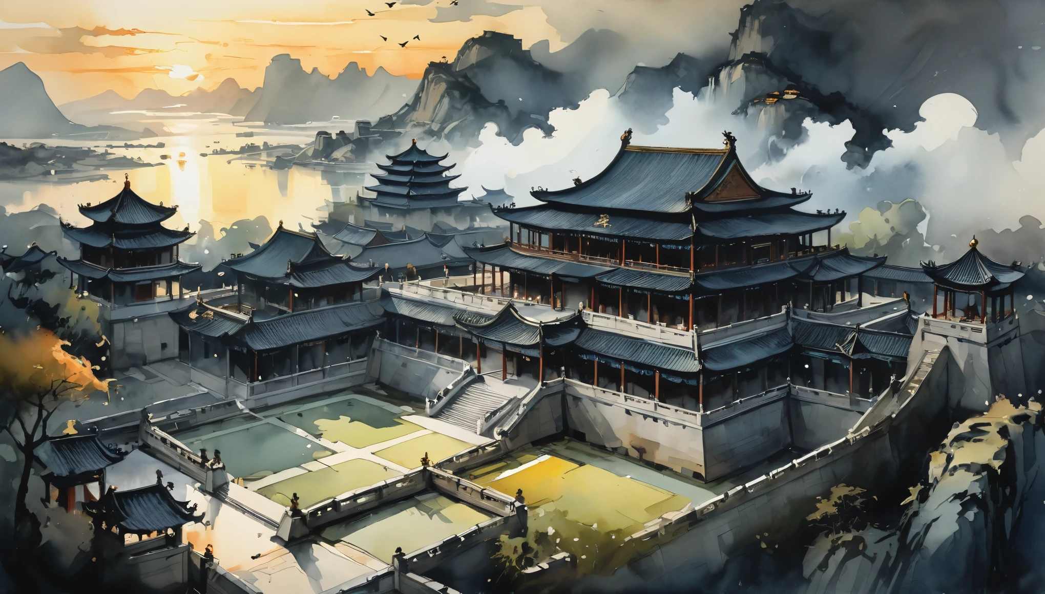 (((bird's eye view))), Cartoon Watercolor & Oil painting illustration, Show one ((Chinese palace complex)) Sunset前的山谷里, king liam style, Peaceful and serene, 2D game art, Ultra HD graphics, Somber and drab color palette,black,grey,Dark tone watercolor cartoon & Joseph Ann Lindecker (Joseph Christian Ryndek) Oil painting & Joseph Ann Lindecker (Joseph Christian Ryndek) of paintings & 约瑟夫·法利of paintings & James Jean & Anders Zorn & Jeremy Mann & alfans muzar, moving images, flowerpunk, intricate details, Dynamic, dramatic lighting, backlight, harrowing, bright colors, Sunset, cumulus, More detail, Movie lighting feel, long shadow, saturated contrast