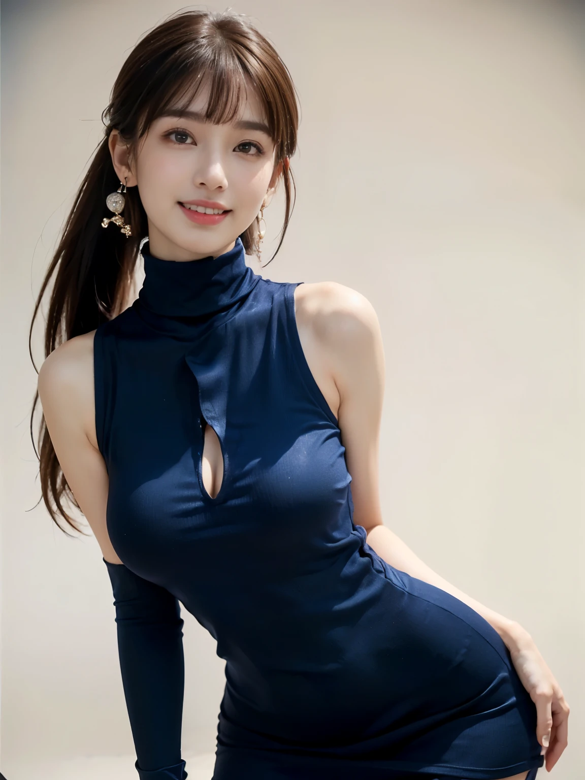 ((((highest quality))))、(((Ultra-precision CG16K wallpaper)))、(((masterpiece)))、(((Super detailed)))、(((super extreme details)))、1people's women、mature woman、24 year old woman、((Japanese face))、((very beautiful face))、((Beauty:1.5))、((straight long ponytail hair、blunt bangs:1.3))、(shiny brown hair)、beautiful brown hair、beautiful delicate eyes、brown eyes、raised eyebrows、high nose、small nostrils、small mouth、seductive lipouth slightly open、beautiful breasts、((C cup size breasts))、cleavage、plump body、(Chubby body type)、perfect proportions、perfect anatomy、perfect composition、beautiful detailed shading、beautiful natural lighting、beautiful detail glow、Depth of the bounds written、soft focus、(((High chroma)))、(((real:1.9)))、((vivid:1.5))、((edge:1.6))、((beautiful skin))、((skin texture))、((realな皮膚感))、(((cowboy shot、Thigh:1.5)))、((Low angle view from below front:1.5))、((shy smile:1.4))、(Eyes looking at me:1.5)、Bright daylight、(((plain background:1.2)))、(standing pose:1.5)、(((Navy blue high neck sleeveless body fit mini dress:1.6)))、((hair band、Wearing earrings:1.3))、