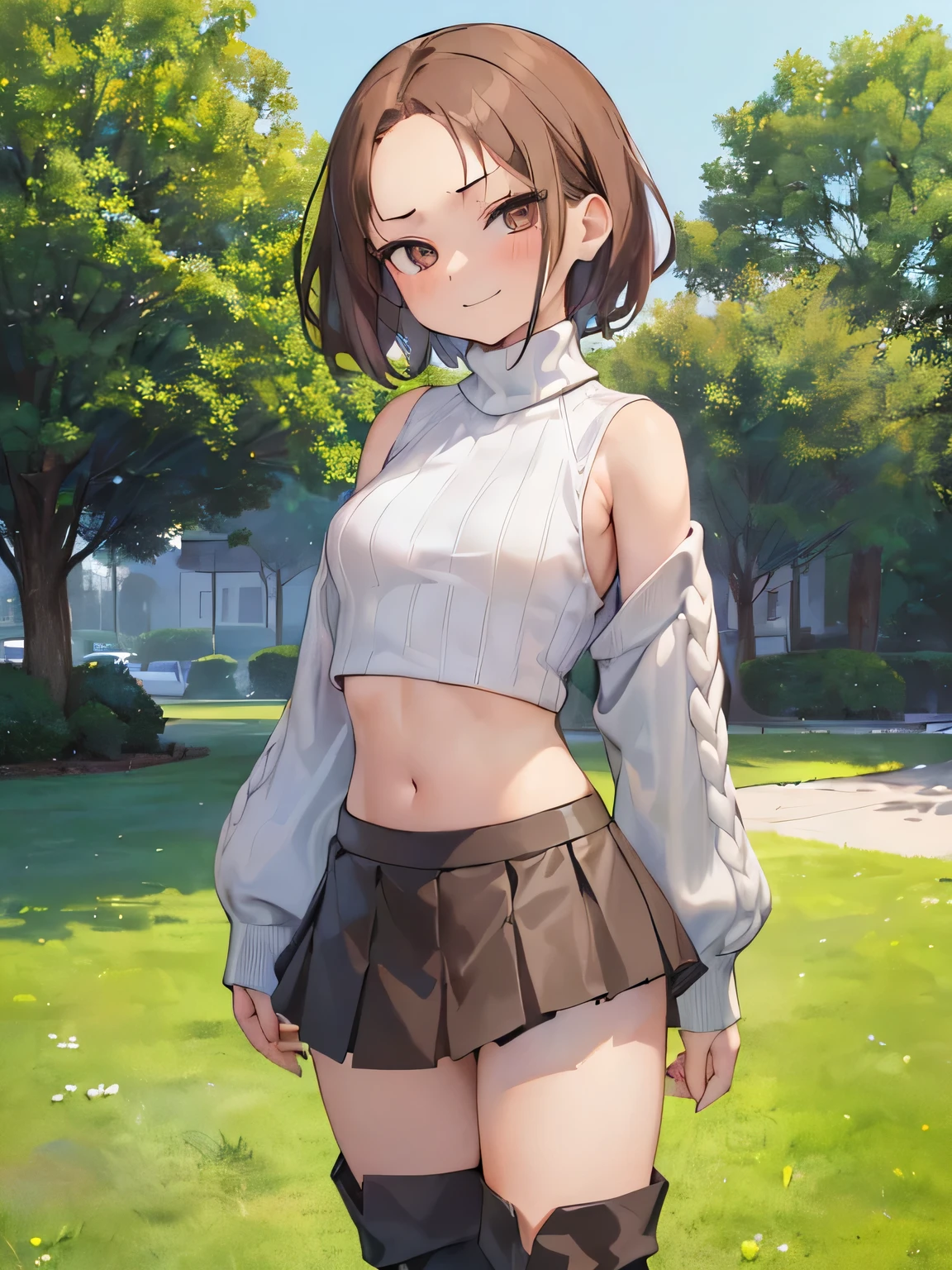 (masterpiece, highest quality, High resolution, realistic pictures, realistic skin:1.1),
(woman flips up her skirt、show us your panties:1.8),
(stand up: 1.5),
(provocative, grinning expression: 1.8),
(I am wearing a light blue long sleeve turtleneck knit.: 1.8),
(she is wearing a gray flared miniskirt:1.8),
(she is wearing black clothes, Below-the-knee boots: 1.8),
(The color of the pants is dark: 1.2),
(woman has short brown hair: 1.5),
(navel size: 1.5),
(Location: park lawn:1.5),
1 Japanese girl, alone, Full-bodied Esbian, beautiful eyes, shining eyes, NSFW