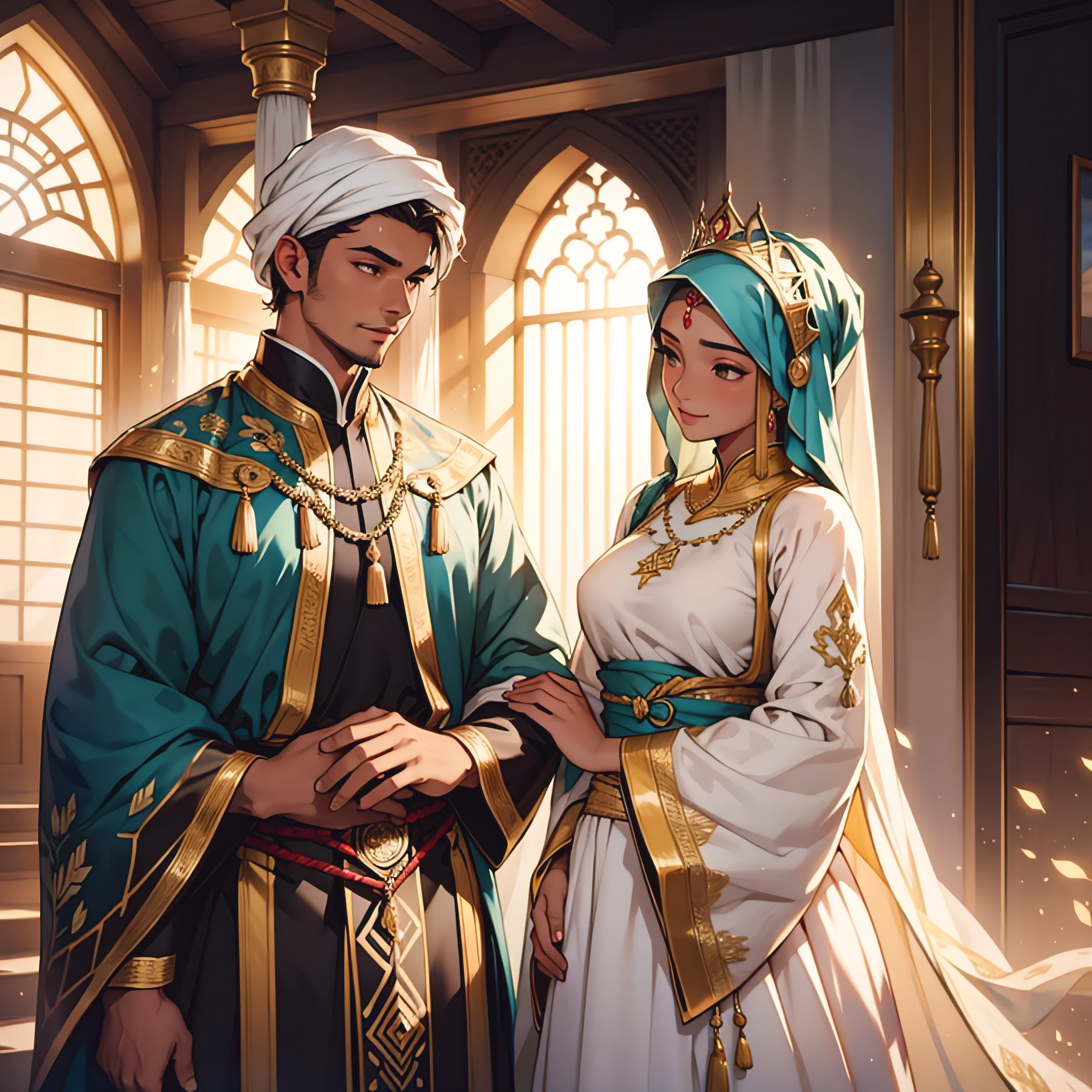 Yusuf and Hafsat, clad in vibrant Hausa attire, stand in an empty room. The sunlight filters in through the window, casting a warm glow upon their traditional garments. Yusuf's dress, made of crisp cotton fabric, is accentuated by the intricate patterns woven into its design. Hafsat's dress, on the other hand, is adorned with shimmering gold embroidery, making her look like a radiant queen. Their faces bear soft smiles as they share a moment of intimacy in the serene atmosphere of the room. Yusuf gently places a hand on Hafsat's waist, while she playfully adjusts the fabric