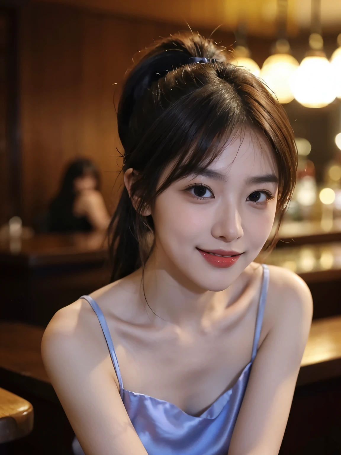 Smiling woman, in a bar, cum hair, hair, Masterpiece, 8k, raw photo, ultra realistic, highly detailed, UHD, Extreme close-up of cute Korean female, Chest size 32 inches, short ponytail hair, slightly smile, wearing sexy silk short dress, in the bar, night, blurred background, waist shot,