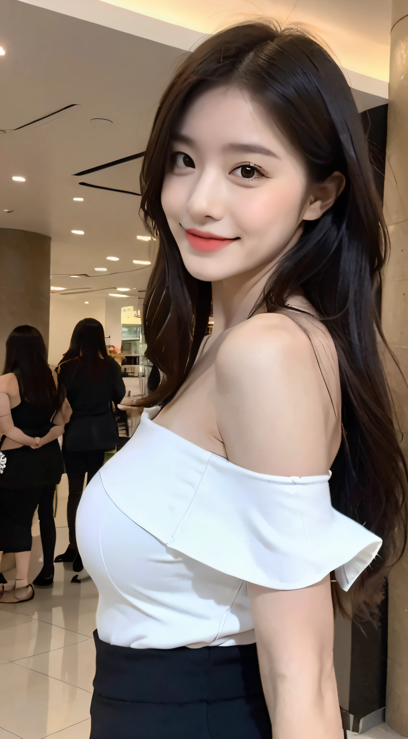 A girl around 32 years old,simplicity,Extremely beautiful and delicate,(light make-up),black color hair,A sweet smile,Delicate and beautiful fair skin,Realistic and realistic,exquisite and complete facial features,Detailed depiction of the face,tall nose bridge,Red lips,Beautiful, gentle and beautiful girl,Smooth hair,Extremely delicate hair,Feminine temperament,Fill your face light,hyper realisitc,photorealestic,8K quality,extremy detailed,Realistic details,Works of masters,Realistic to the extreme,big breasts body,Beautiful,Pure desire,Stunning beauty,Peerless beauty,Highest image quality,8K resolution,goddes,ssmile,Fine facial features,Hair over the shoulder,A brown-haired,Large long thick legs,(((High-waisted French top))),(((short skirt))),rays of sunshine,facing at camera,The body is well-proportioned and firm,Gentle eyes,exposing thighs,stand posture,Stand inside the mall,Full body photo
