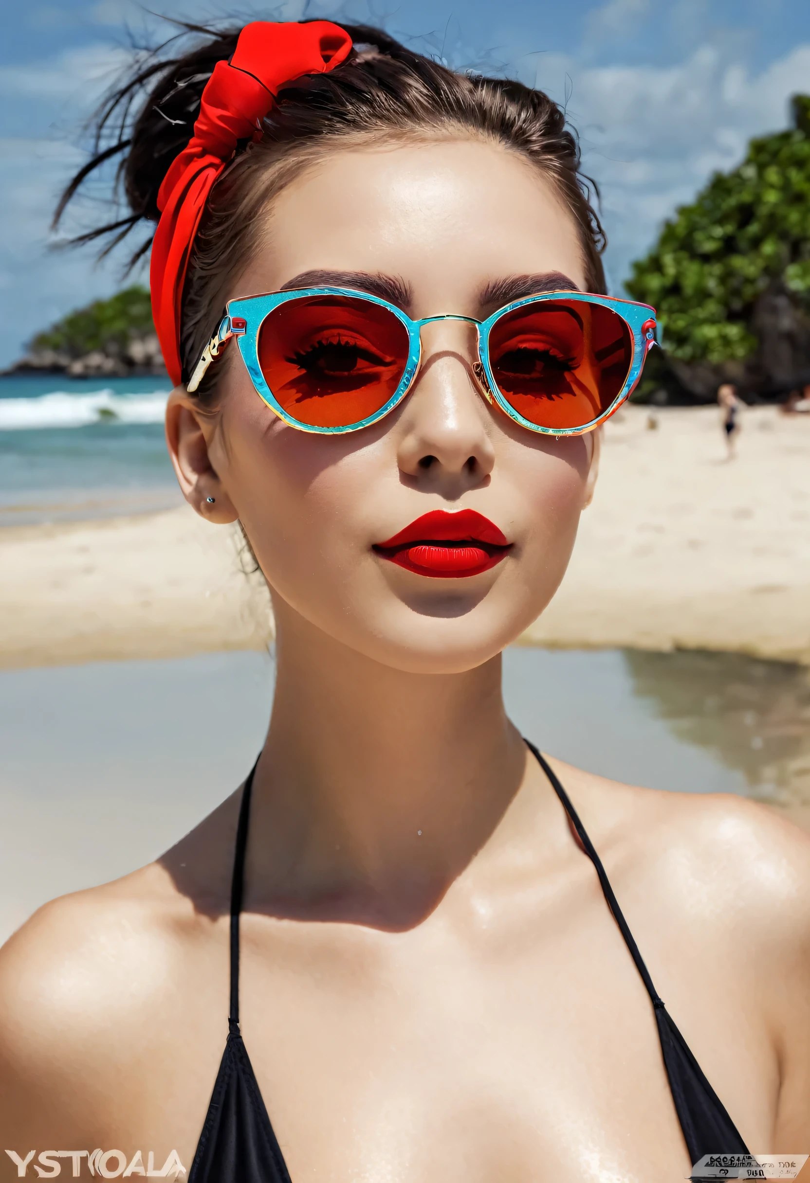 Ambiente feliz na praia, dramatic art, estilo de arte em praia, Happy vibe, uma garota linda de biquini com ombros largos, ela sorri, ela tem um sorriso lindo, she is wearing beautiful mirrored sunglasses that reflect everything around her, she has lips with red lipstick, ela empina a bunda e se inclina ligeiramente para frente, arte digital realista, realismo inspirado, bikini model art, simetria da face cromada, Arte Digital Realista, metal art, Estilo de arte, arte digital realismo detalhado, cyberpunk em um mundo hightech