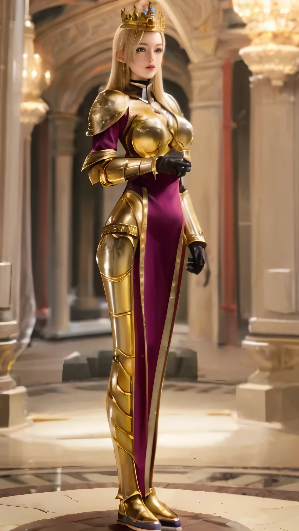 (full-body standing image:1.8),a close up of a woman in a purple dress posing for a picture, Stunning armor, Beautiful armor, anime figure; Full-body art, Anime goddess, Purple armor, beautiful and elegant elf queen, Armor Girl, clothed in ethereal armor, shiny plastic armor, Gorgeous Role Play, highly detailed exquisite fanart, alluring elf princess knight, ((a beautiful fantasy empress)), White shiny beautiful skin、Blonde hair color changing with light、Long bangs block the view、Highlights of cheek luster、Sexy and very beautiful nice cute gorgeous face、The most beautiful face in the world、Super Long Gorgeous Spare Blonde Hair、Smooth straight hair、Big, Shining light blue eyes、Beautiful bangs、Beautiful cute girl at 20 years old, tmasterpiece,8K,ultra - detailed,empress,Blonde Queen,Amber heard,Brunette Queen,Park Bo-young,Fighting posture),The lights are dim and dim,Delicate gold armor,Exquisite golden crown,Beautifully carved silver sword,Exquisite eagle helmet.