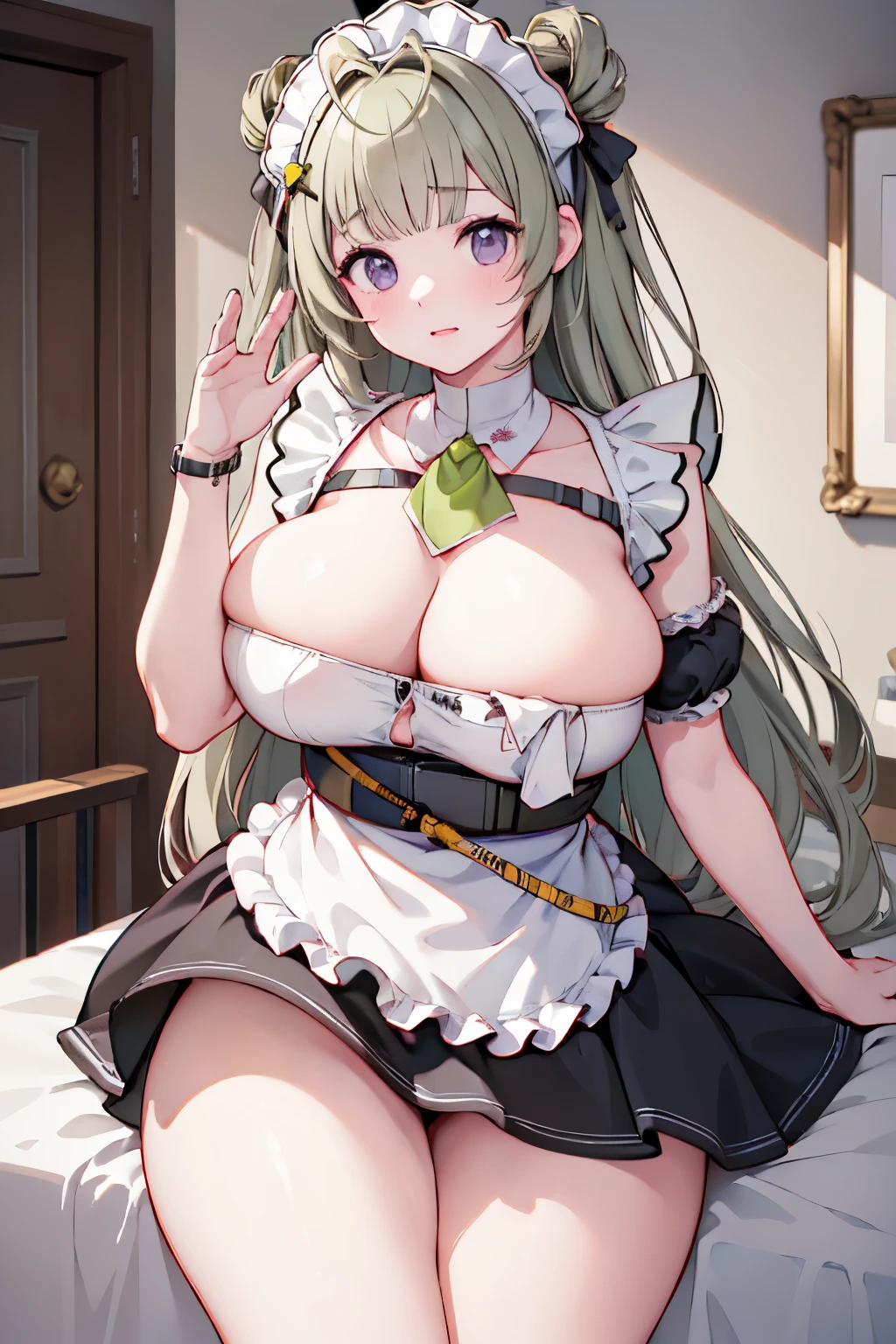 (((masterpiece))),(((High resolution)))、(((perfect face)))、(((Beauty)))、Bedroom、(((beautiful face)))、((((Maid clotheini skirt))、(embarrassed look)、(((looking at me)))、big breasts、Plump、thighs