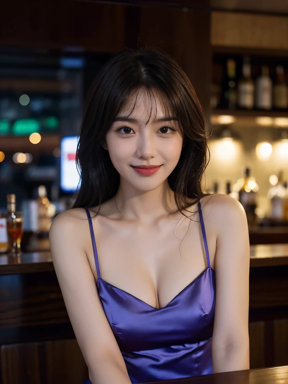 Smiling woman, in a bar, cum hair, hair, Masterpiece, 8k, raw photo, ultra realistic, highly detailed, UHD, Extreme close-up of cute Korean female, Chest size 32 inches, Medium hair, slightly smile, wearing sexy silk short dress, in the bar, night, blurred background, waist shot,