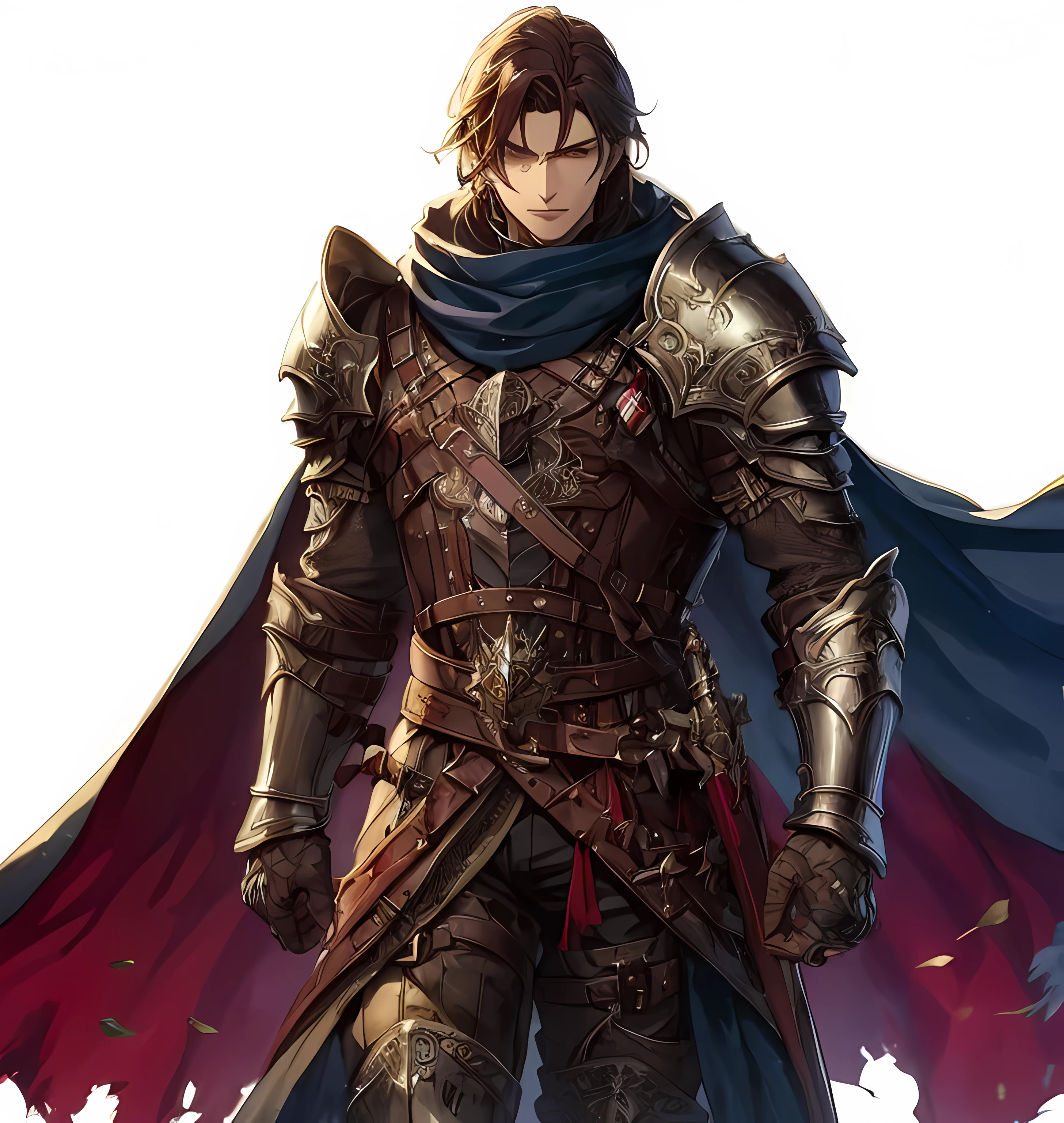 masterpiece, best quality, 1man, adult, older male focus, facial hair, solo, short spiky brown hair, vibrant black eyes, gloves, looking at viewer, cape, High quality metal texture, semi metal armor, closed mouth, metallic gloves, upper body, bangs, high collar,(kbxll:0.6), Fantasy aesthetics, Highly detailed, well built, muscle. shadowverse style