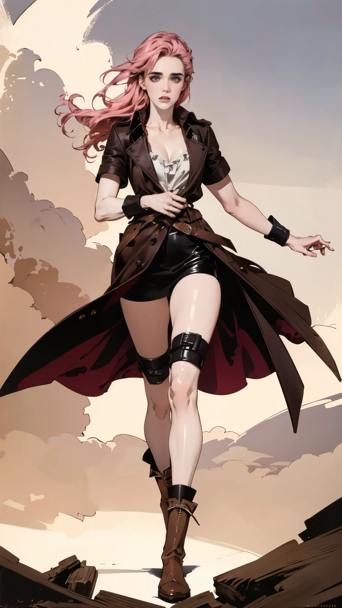 (A beautiful young girl with long curly pink hair, slender eyebrows, sparkling eyes, a bewildered expression, an oval-shapedl face with pale skin, a knee-length form-fitting leather trench coat with very short sleeves, she adorns both hands with metallic wrist guards in a sci-fi ancient civilization style, her long legs are clad in leather boots as she soars through the misty clouds), this character embodies a finely crafted fantasy-realism style western ranger in anime style, exquisite and mature manga art style, porcelain skin, perfect skin, perfect eyes, (Jennifer Connelly:1.2), high definition, best quality, highres, ultra-detailed, ultra-fine painting, extremely delicate, professional, anatomically correct, symmetrical face, extremely detailed eyes and face, high quality eyes, creativity, RAW photo, UHD, 32k, Natural light, cinematic lighting, masterpiece-anatomy-perfect, masterpiece:1.5