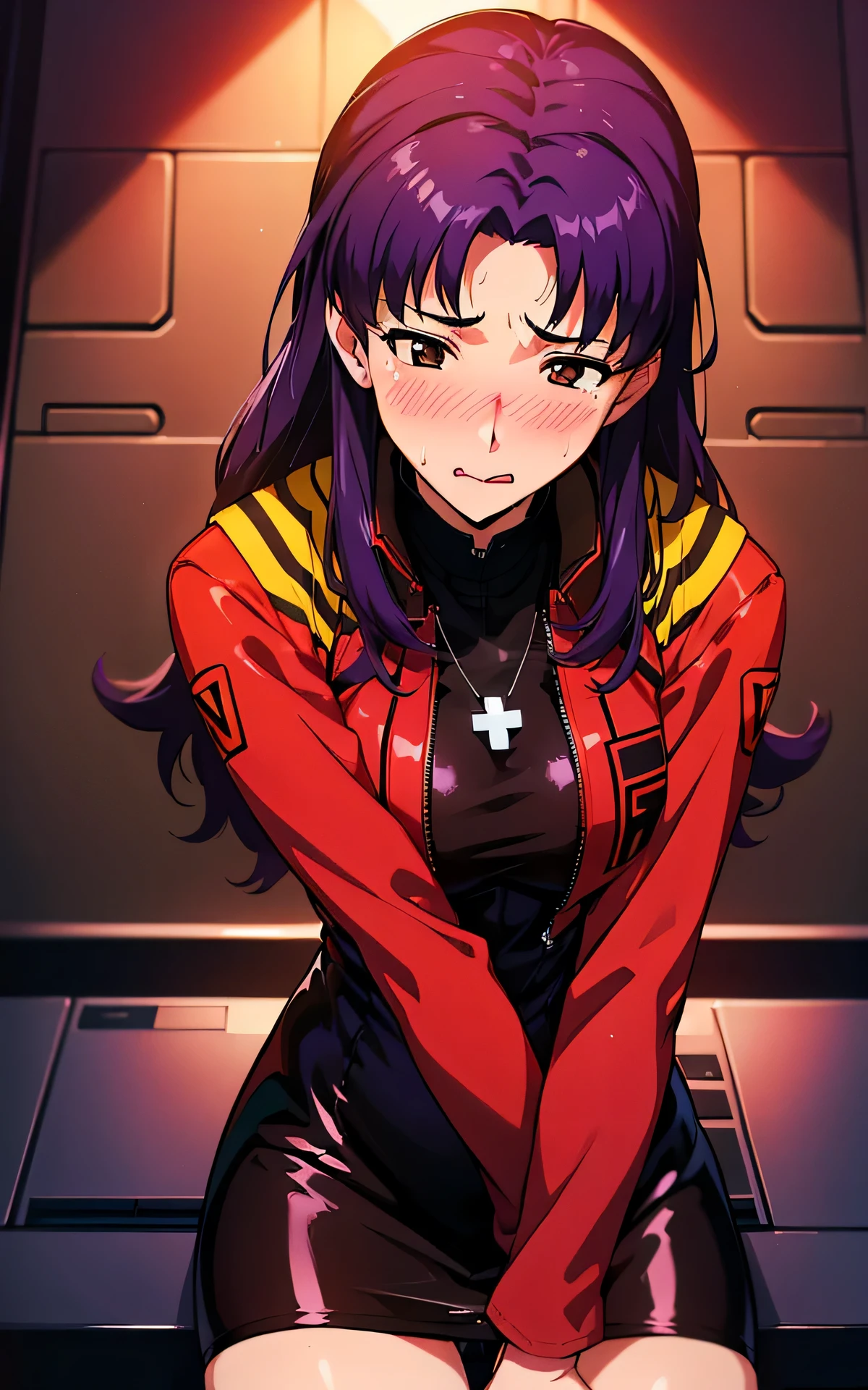 realisticlying，extremely detailed CG、high resolution、absurderes:1.8、detailed background:1.3、beautiful detailed hair、、、, attire: Black Bodycon、jacker, Red jacket,、middlebreast、 short black tight dress, (((brown-eyed、control room))), Purple hair, Medium Hair, cross necklace, slim waist、((Misato katsuragi, fellatio:1.3, penis:1.3、1woman & 1man:1.3))、NERV、Perfectly detailed face, (embarrassed、blush:1.3)、(ecstasy:1.4) ,(slut:1.3)
