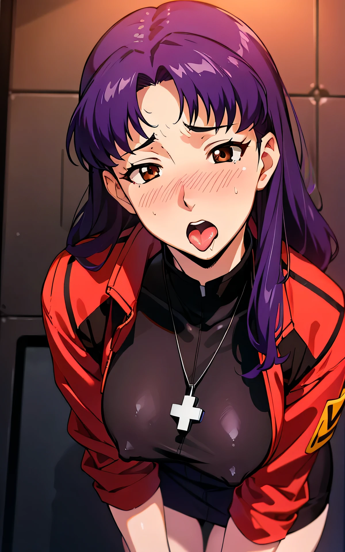 realisticlying，extremely detailed CG、high resolution、absurderes:1.8、detailed background:1.3、beautiful detailed hair、、、, attire: Black Bodycon、jacker, Red jacket,、middlebreast、 short black tight dress, (((brown-eyed、control room))), Purple hair, Medium Hair, cross necklace, slim waist、((Misato katsuragi, :1.3, :1.3、1woman & 1man:1.3))、NERV、Perfectly detailed face, (embarrassed、blush:1.3)、(:1.4) ,(slut:1.3)
