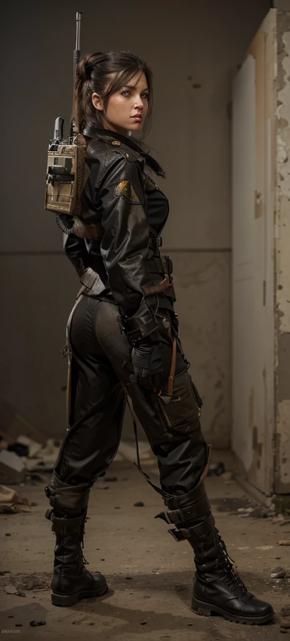 beautiful woman soldier, her back is turned, face of a beautiful Romanian woman, serious expression, black hair military hairstyle, blue eyes, military style hairstyle with shaved sides, Soviet style brown color military uniform with red detail, brown military leather jacket, tactical gloves, Harnesses and belts with ammunition, holsters, black military boots, on her back she carries a military radio system with antenna, she is in a completely destroyed city, wounded soldiers on the ground, a lot of fire, a lot of smoke, night light, winter, ultra Realistic, ultra detailed, hyper Realistic, 4k, ultra detailed image, Realistic, highly detailed, perfect composition, beautiful, Intricately detailed, incredibly detailed, 8 k artistic photography, hyper detailed, ultra Realistic masterpiece, ultra detailed, hyper Realistic, 4k, ultra detailed image, Realistic, highly detailed, perfect composition, beautiful, Intricately detailed, incredibly detailed, 8 k artistic photography, hyper detailed, masterpiece