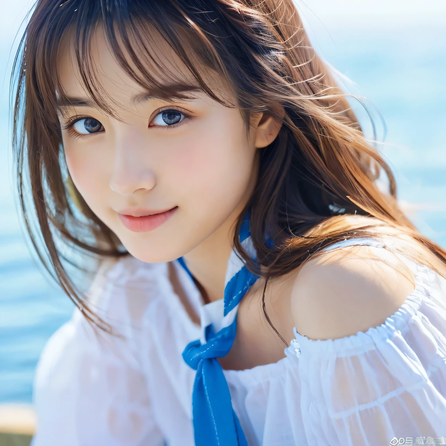 (((32k,high details,high detail、masterpiece,attention to detail,alone))),Raw photo & realistic atmosphere,beautiful dark blue eyes,detailed mouth,glossy lips,thin eyebrows,fine eyes、Soft white skin that shines in every detail、sheの深い黒色の目はとても美しいです,lip details、very beautiful face,very well-shaped face、lifelike face,shining beautiful lips,beautiful eyebrows,infinite reality, Realistic 若手idol sculpture,she'she'she'she'she'she'she's a very cute woman , idol sculpture, 若手idol sculpture, とても美しくてかわいい21-year-old beauty,incredibly beautiful and classy,21-year-old beauty,natural soft light,(shiny hair,,Beautiful and kind eyes:1.5),gentle smile,well-shaped chest,medium long hair,tie hair,beautiful posture,no makeup,think ahead,Upper body,Ocean,
