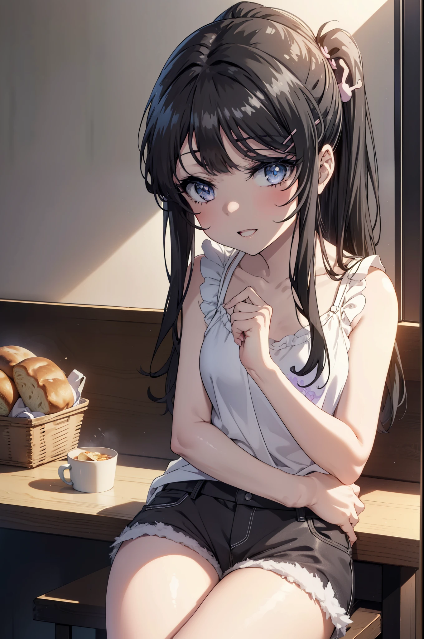 maisakurajima, Mai Sakurajima, long hair, bangs, (black hair:1.5), hair ornaments, (purple eyes:1.1), ponytail hair clip, happy smile, smile, open your mouth,rabbit hair ornaments,tank top shirt,bare arms,shorts,barefoot,There is a bucket of bread on the table.,sitting cross-legged on a chair,morning,morning日,the sun is rising,
break indoors, room,
break looking at viewer, (cowboy shot:1.5),
break (masterpiece:1.2), highest quality, High resolution, unity 8k wallpaper, (figure:0.8), (detailed and beautiful eyes:1.6), highly detailed face, perfect lighting, Very detailed CG, (perfect hands, perfect anatomy),