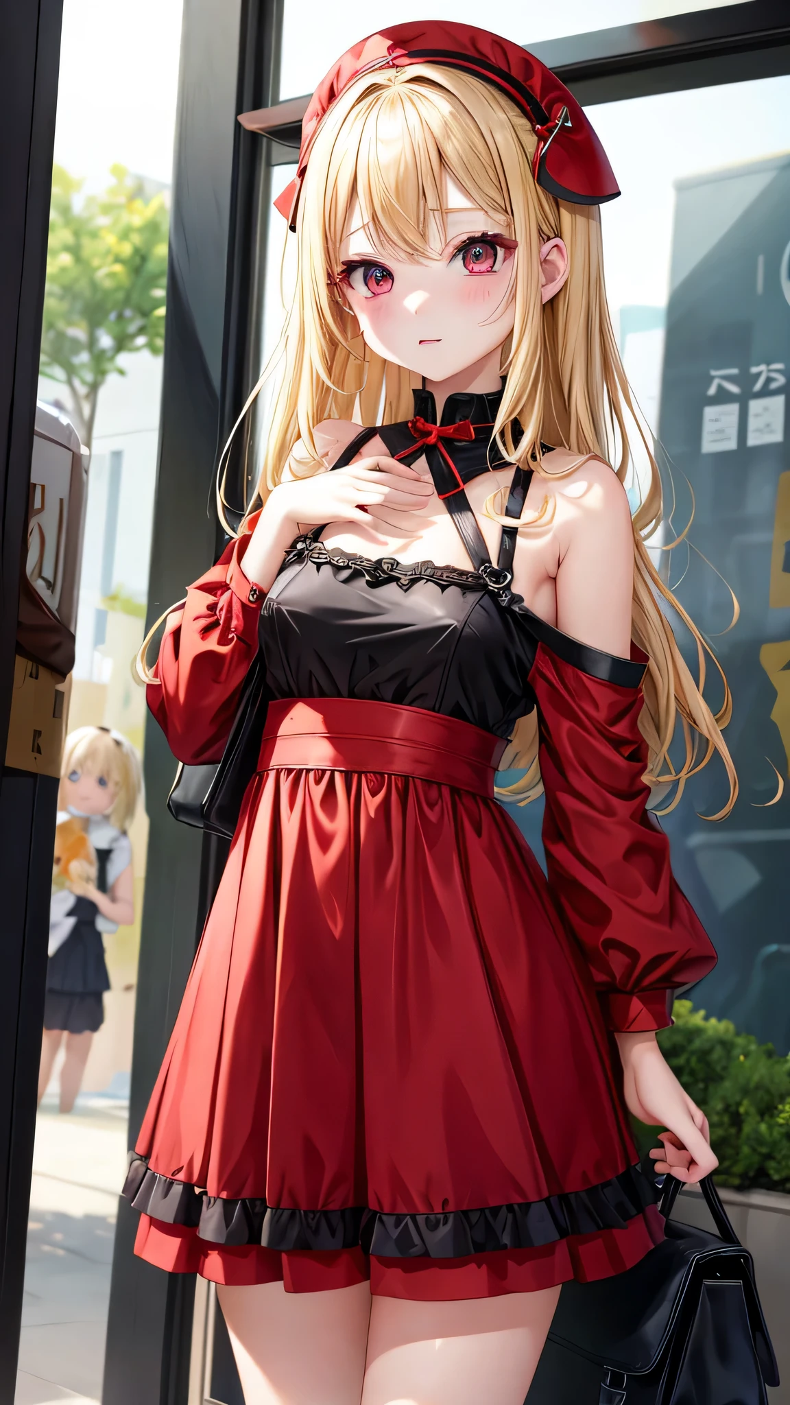 blonde、red eyes、1 cute girl、alone、I'm 、The shape of the nipple comes out、and soul、dress、he went to the side