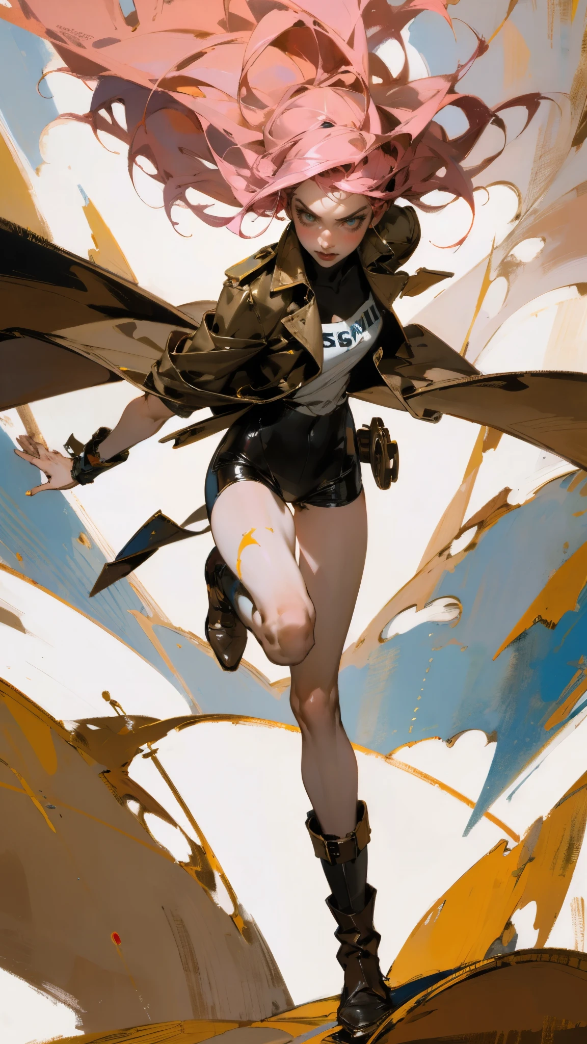 (A beautiful young girl with long curly pink hair, slender eyebrows, sparkling eyes, a bewildered expression, an oval-shapedl face with pale skin, a knee-length form-fitting leather trench coat with very short sleeves, she adorns both hands with metallic wrist guards in a sci-fi ancient civilization style, her long legs are clad in leather boots as she soars through the misty clouds), this character embodies a finely crafted fantasy-realism style western ranger in anime style, exquisite and mature manga art style, porcelain skin, perfect skin, perfect eyes, (Alexandra Daddario:1.2), high definition, best quality, highres, ultra-detailed, ultra-fine painting, extremely delicate, professional, anatomically correct, symmetrical face, extremely detailed eyes and face, high quality eyes, creativity, RAW photo, UHD, 32k, Natural light, cinematic lighting, masterpiece-anatomy-perfect, masterpiece:1.5