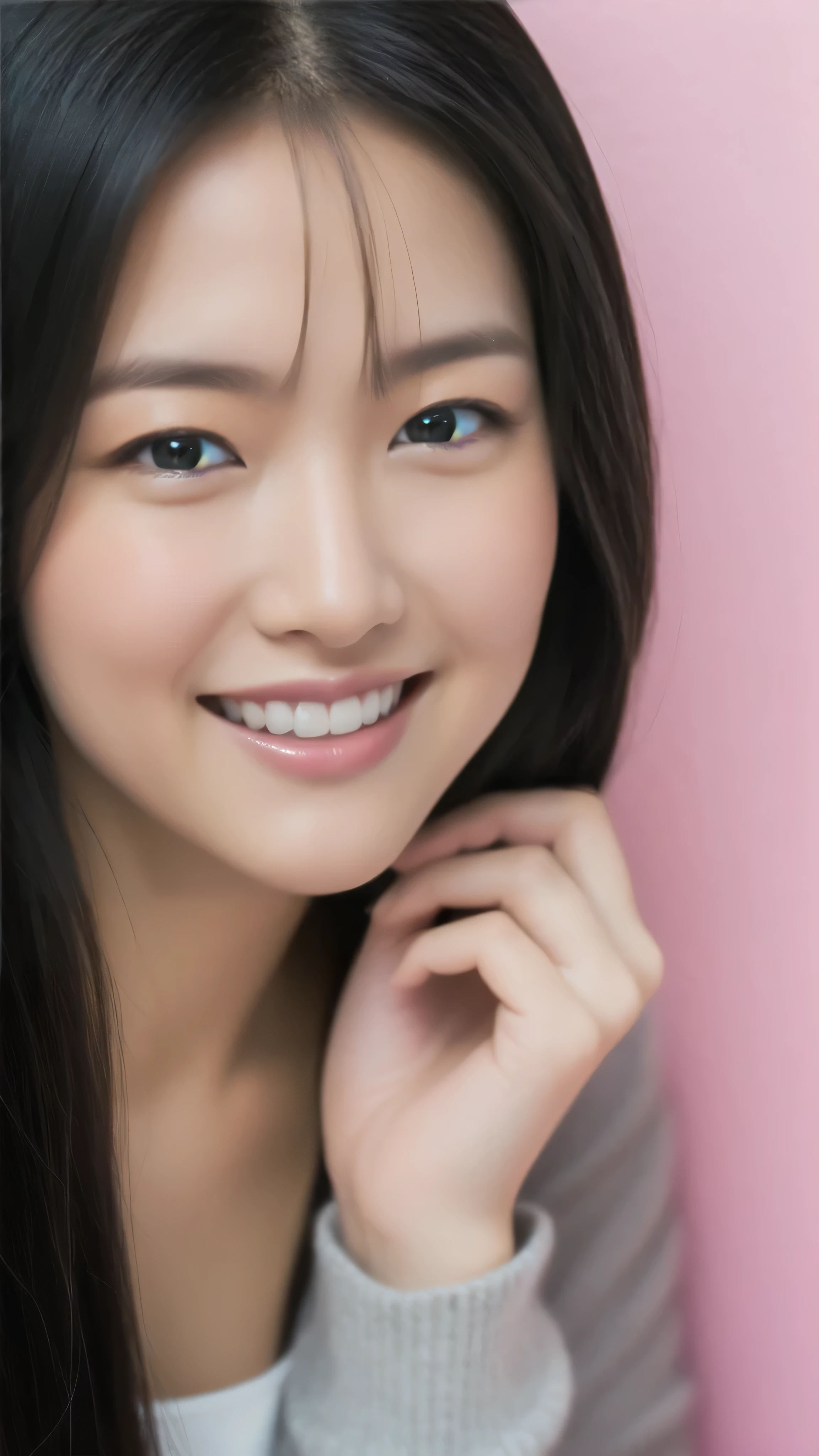 ((1 person)),hostess face、smile、30 years old、black hair、straight hair、white shirt、married woman,high quality、Super realistic、日本人のmarried woman、 perfect eyes、Shining beautiful skin、pink wall,close up of face