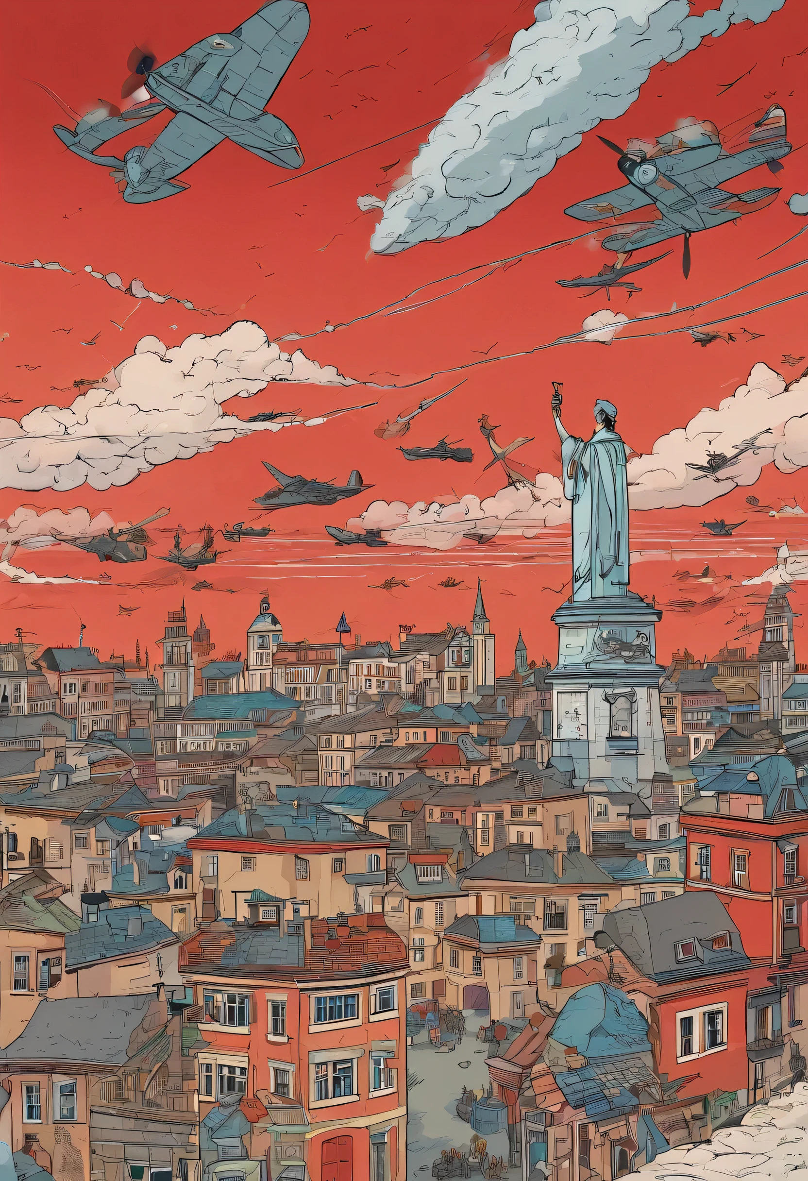 create an English city being bombed by German planes in World War II. uma imagem sombria, noturna, with the architecture of the time and the use of red. Vestir'do not add characters. show the planes from afar.