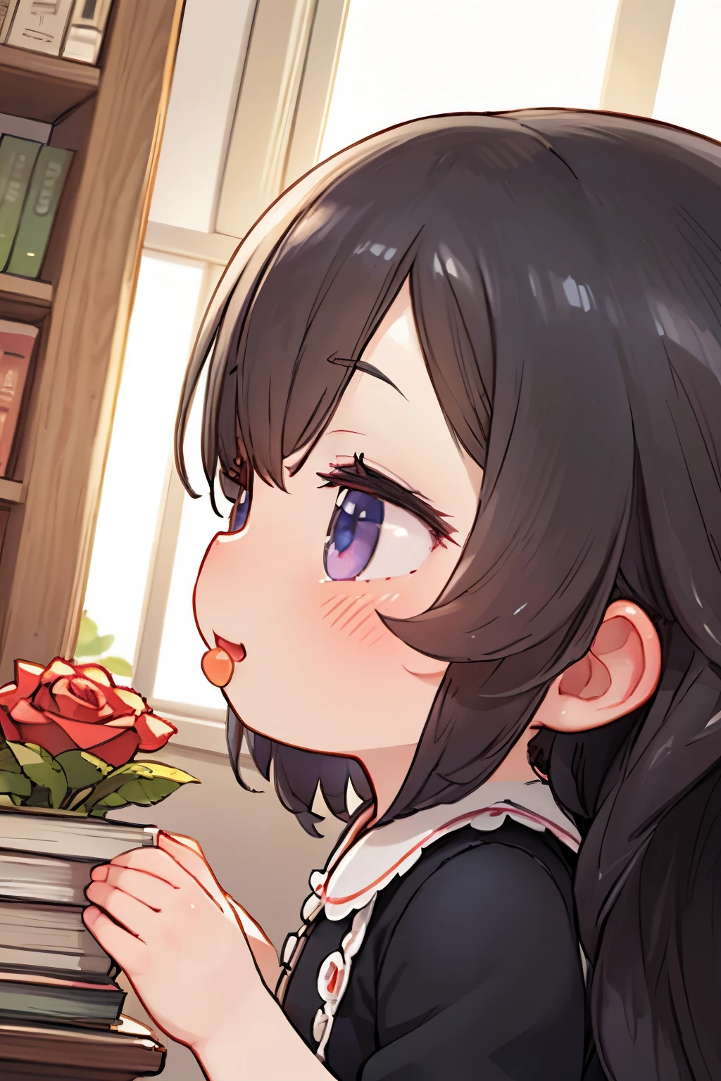 1Chibi girl smelling the scent of rose flowers in a book、Jewel-like eyes、Take a super close-up shot of lips from the side、smile