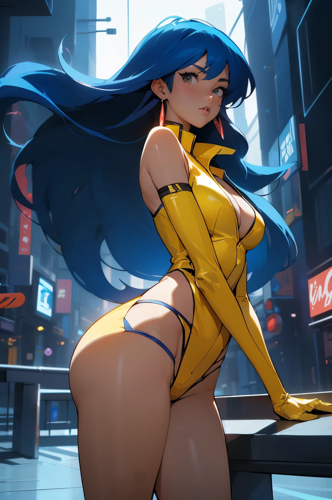 (best quality:1.2,highres,ultra-detailed), detailed face and body of Yuri from The Dirty Pair, stunning Asian beauty, expressive brown eyes, luscious lips, long flowing blue hair, (skimpy yellow outfit), (revealing cleavage), confident and sexy pose, (cyberpunk-inspired city background), neon lights illuminating the scene, vibrant colors, (futuristic and edgy atmosphere), stylish and sleek architecture, dynamic angles and composition, (sci-fi and anime fusion), perfect beauty