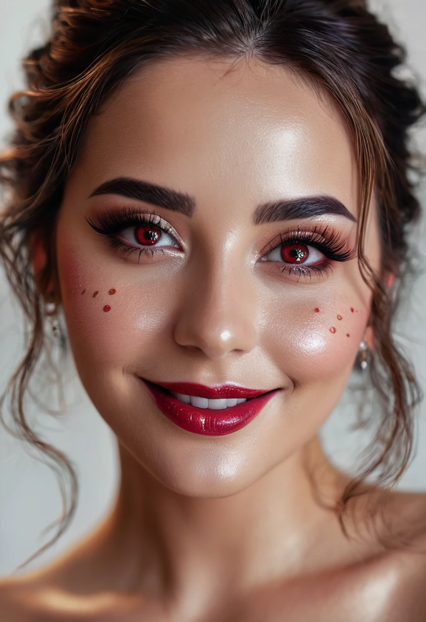 bella dama, (pecas), gran sonrisa, ruby eyes, cabello corto, maquillaje oscuro, hyper-detailed photography, Luz tenue, retrato de cabeza y hombros, cubrir