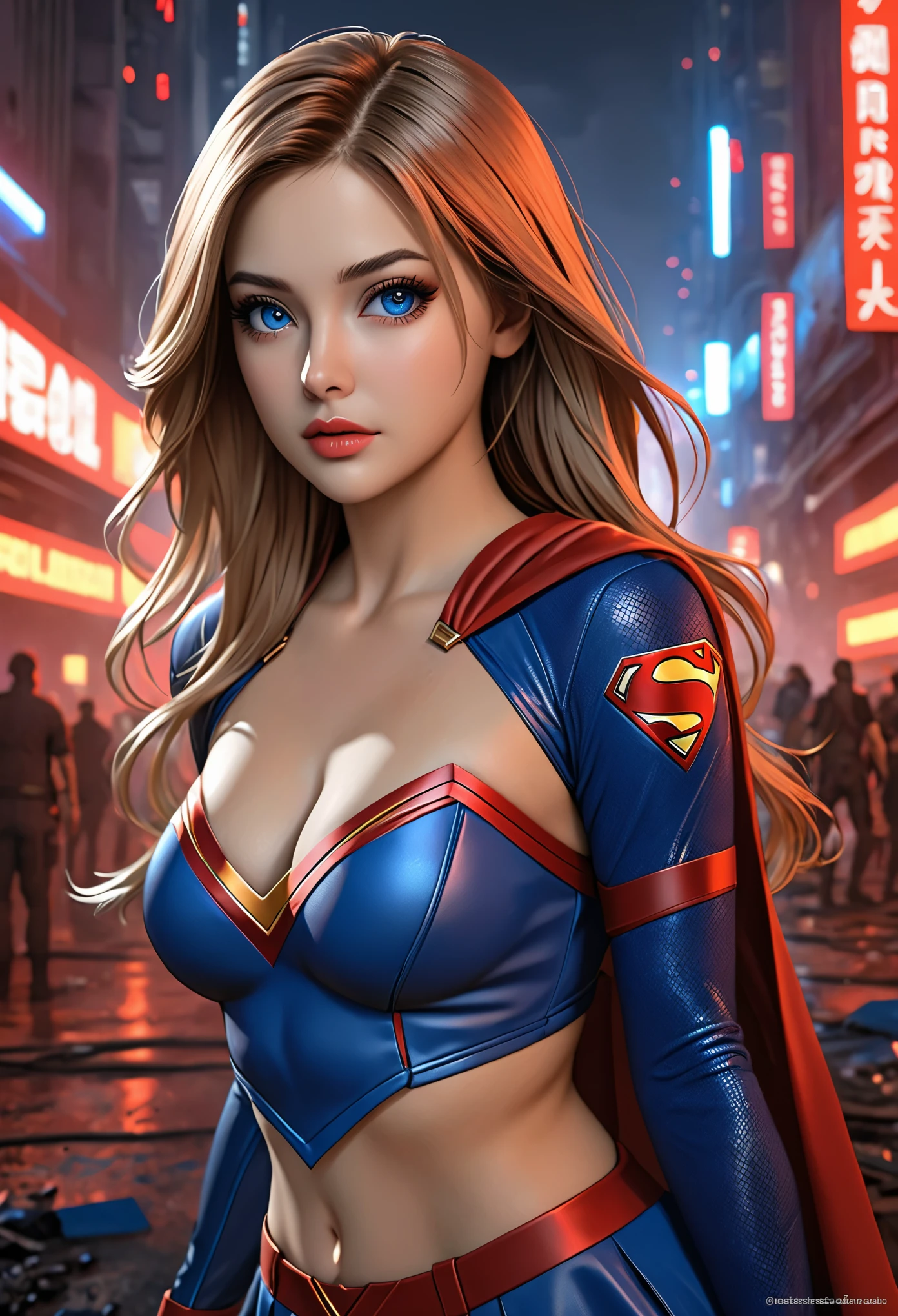 motor irreal:1.4,CG ultra realista K, fotorrealista:1.4, textura de la piel:1.4, obra maestra:1.4,Hermosa mujer Usando un disfraz sexy de Supergirl, cabello rubio y rubio, ojos azules, ropa interior Antecedentes detallados, traje de super cyberpunk . caderas anchas,An apocalyptic city of fire, mostrando vientre plano,Minifalda roja, ,hermosas manos finas,