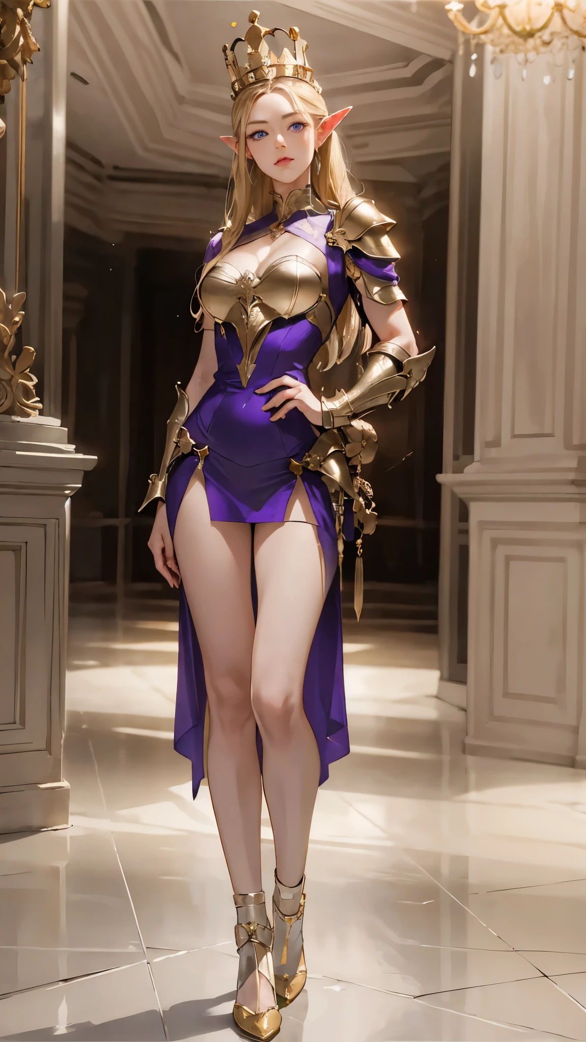 (full-body standing image:1.8),a close up of a woman in a purple dress posing for a picture, Stunning armor, Beautiful armor, anime figure; Full-body art, Anime goddess, Purple armor, beautiful and elegant elf queen, Armor Girl, clothed in ethereal armor, shiny plastic armor, Gorgeous Role Play, highly detailed exquisite fanart, alluring elf princess knight, ((a beautiful fantasy empress)), White shiny beautiful skin、Blonde hair color changing with light、Long bangs block the view、Highlights of cheek luster、Sexy and very beautiful nice cute gorgeous face、The most beautiful face in the world、Super Long Gorgeous Spare Blonde Hair、Smooth straight hair、Big, Shining light blue eyes、Beautiful bangs、Beautiful cute girl at 20 years old, tmasterpiece,8K,ultra - detailed,empress,Blonde Queen,Amber heard,Brunette Queen,Park Bo-young,Fighting posture),The lights are dim and dim,Delicate gold armor,Exquisite golden crown,Beautifully carved silver sword,Exquisite eagle helmet.

