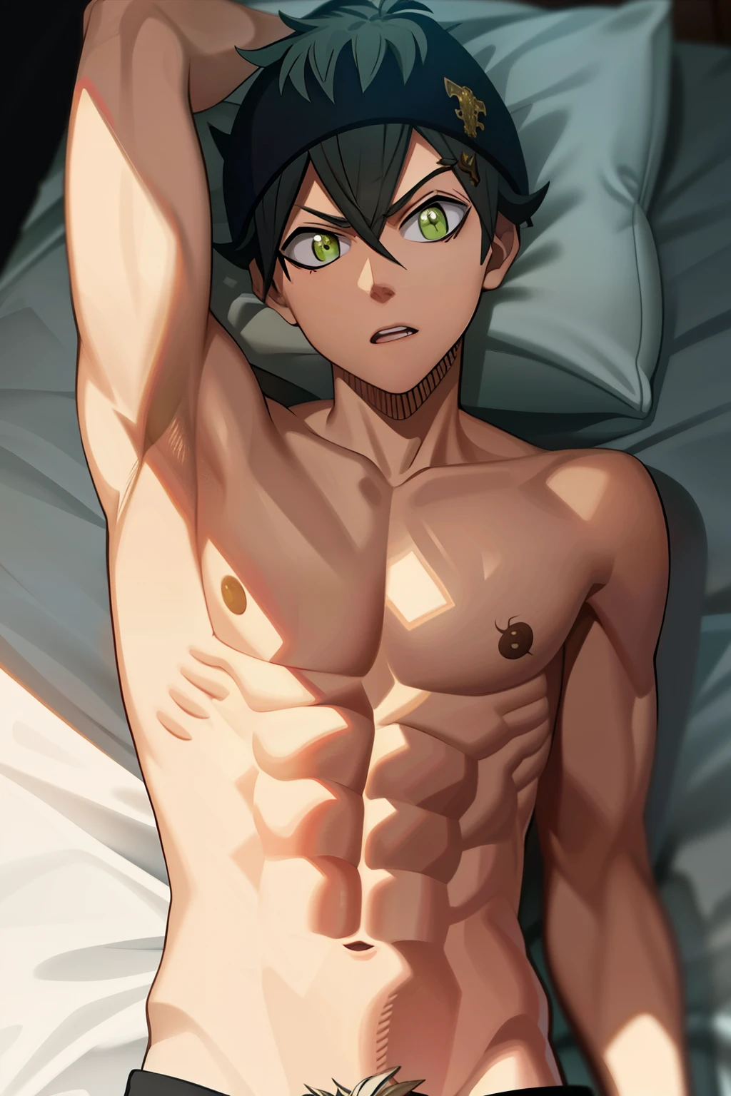 Masterpiece, Best quality, High quality, 1boy, Solo, Male Shirtless, showing his muscle, view the viewer, lying on bed, gasp, open his mouth,