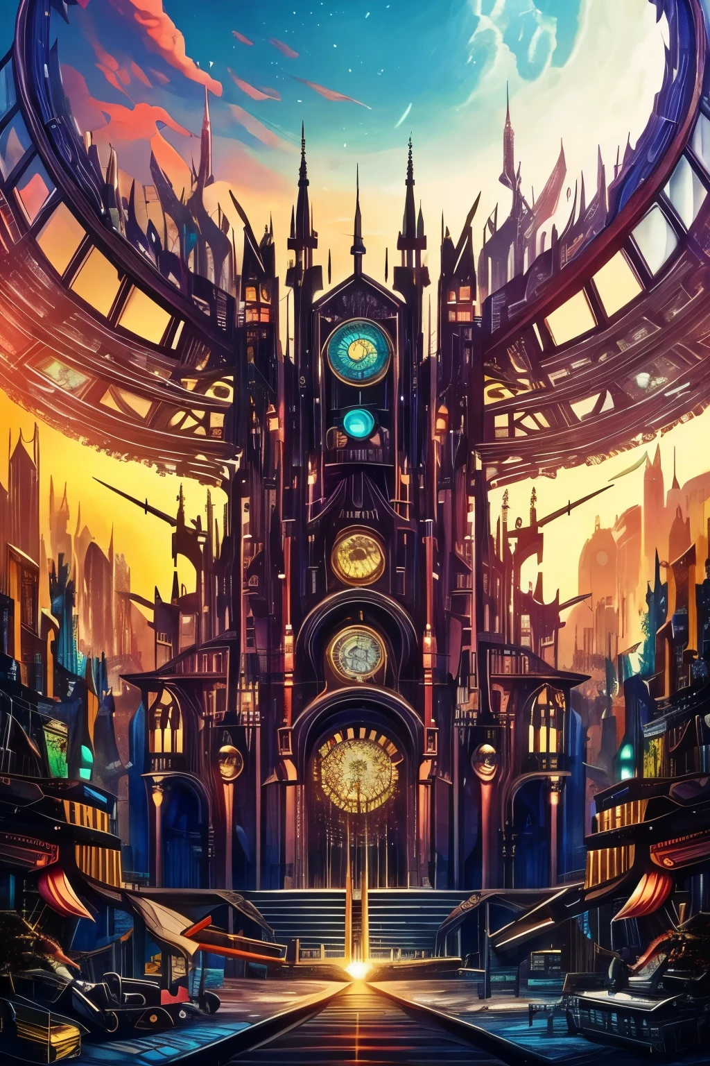 best quality, super fine, 16k, incredibly absurdres, extremely detailed, kaleidoscope of (cyberpunk:0.5), steampunk, dieselpunk, and clockpunk, with a beautiful Creator or Destruction Gods at its center, dark fantasy, BREAK , variety of visual styles that combine various artistic elements like a sparkling iridescent pastel and vivid colors