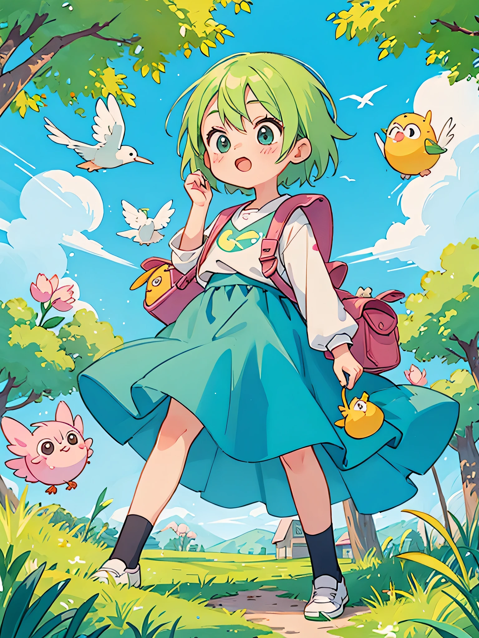 akira toriyama style, Kawaii Design, most beautiful girl ever、beautiful spring afternoon、birdie