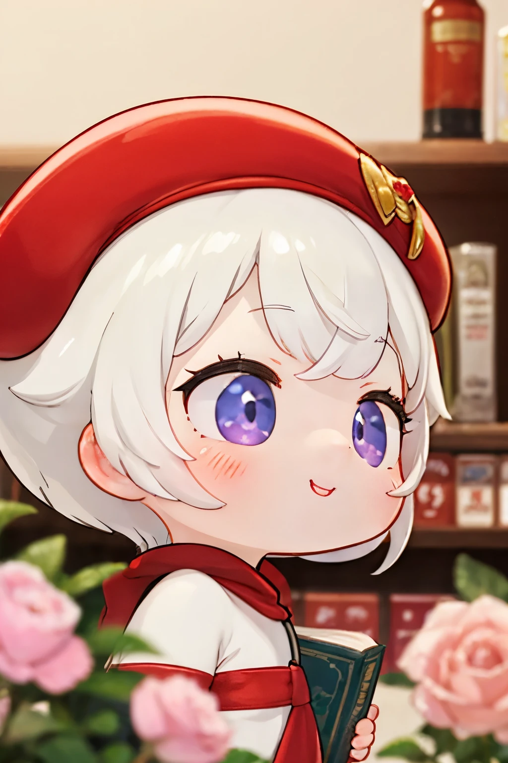１Chibi girl smelling the scent of rose flowers in a book、Jewel-like eyes、Take a super close-up shot of lips from the side、smile
