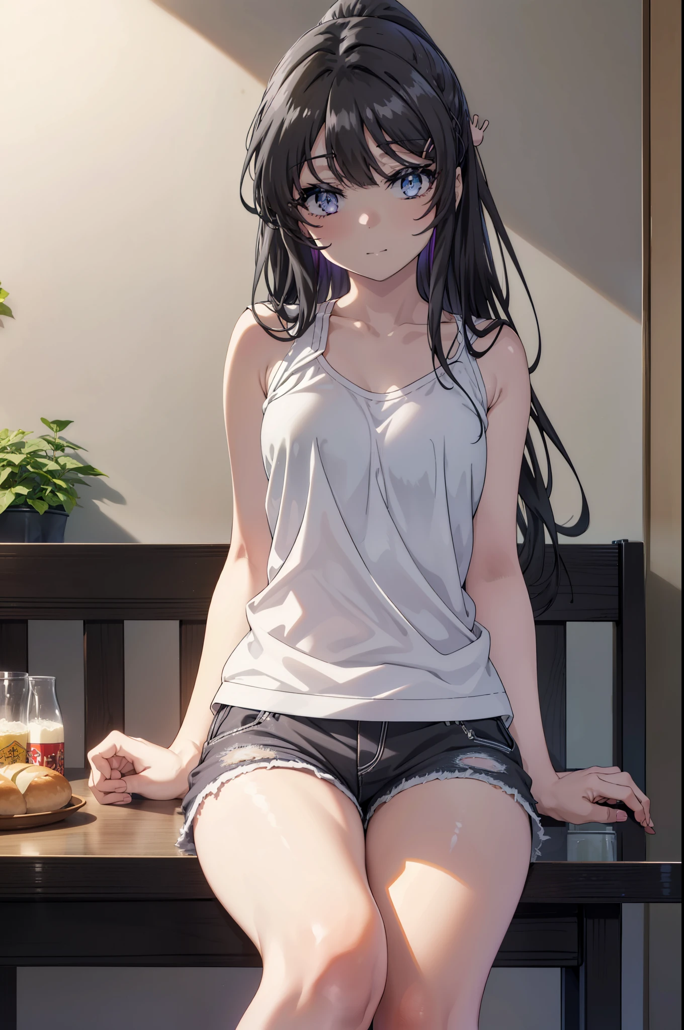 maisakurajima, Mai Sakurajima, long hair, bangs, (black hair:1.5), hair ornaments, (purple eyes:1.1), ponytail hair clip, happy smile, smile, open your mouth,rabbit hair ornaments,tank top shirt,bare arms,shorts,barefoot,There is a bucket of bread on the table.,sitting cross-legged on a chair,morning,morning日,the sun is rising,
break indoors, room,
break looking at viewer, (cowboy shot:1.5),
break (masterpiece:1.2), highest quality, High resolution, unity 8k wallpaper, (figure:0.8), (detailed and beautiful eyes:1.6), highly detailed face, perfect lighting, Very detailed CG, (perfect hands, perfect anatomy),