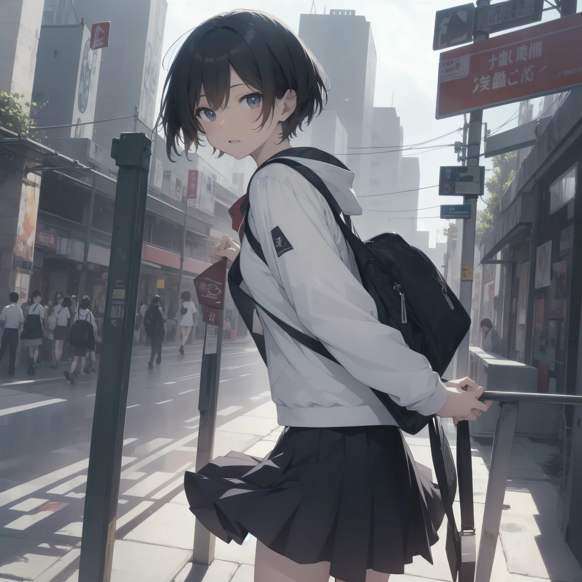 Super Absurd - Top Quality from the God of Art, Super detailed, High resolution, anime moe art style, cute girl portrait, best anime 8K konachan wallpaper, Pixiv contest winners, perfect anatomy,break, (眠そうにalone学校へ行く女の子を描いてください. )break,1 girl, (alone,little woman, 13 years old:1.3),All limbs, full finger,, The charm of an immature body, (very short hair), shortcut, flat chest, , small ass, between legs, small black eyes, detailed and beautiful eyes, Well-proportioned iris and pupils, expressive eyes, High resolutionの詳細な髪, yawn, neck ribbon, shirt, collared shirt, skirt, pleated skirt, , (detailed lighting), (detailed background), On the way to school. break,super dense skin, Best cinematic lighting powered by famous artist, 8K,Beauty Illustration,photoshop_(Moderate),Absurd Hi-Res,UHD,rough skin,break,((artist:kantoku)), artist:dark black,artist:shinkai makoto,artist:sekiya asami,artist:Fujiyama,