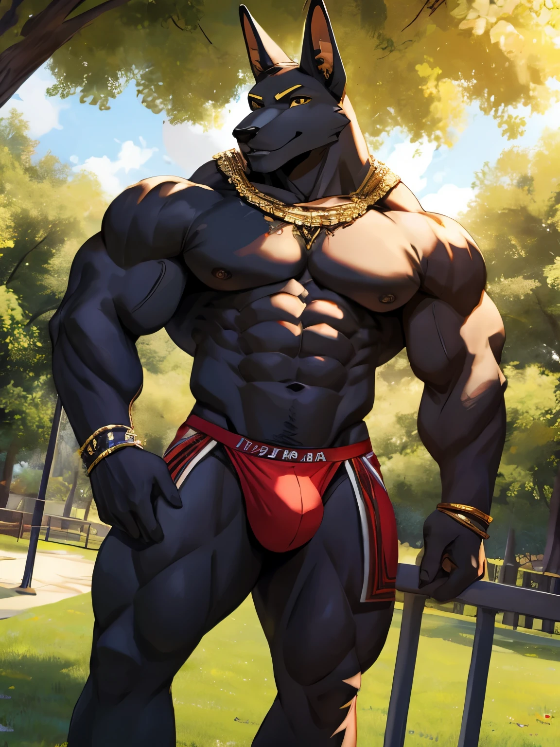 Anubian jackal, anubis, good looking, male, anthro, ultradetailed, muscular, solo, bareness, rippling muscles, muscles, park background, tail, smiling, big pecs, looking at viewer, jockstrap, bara,