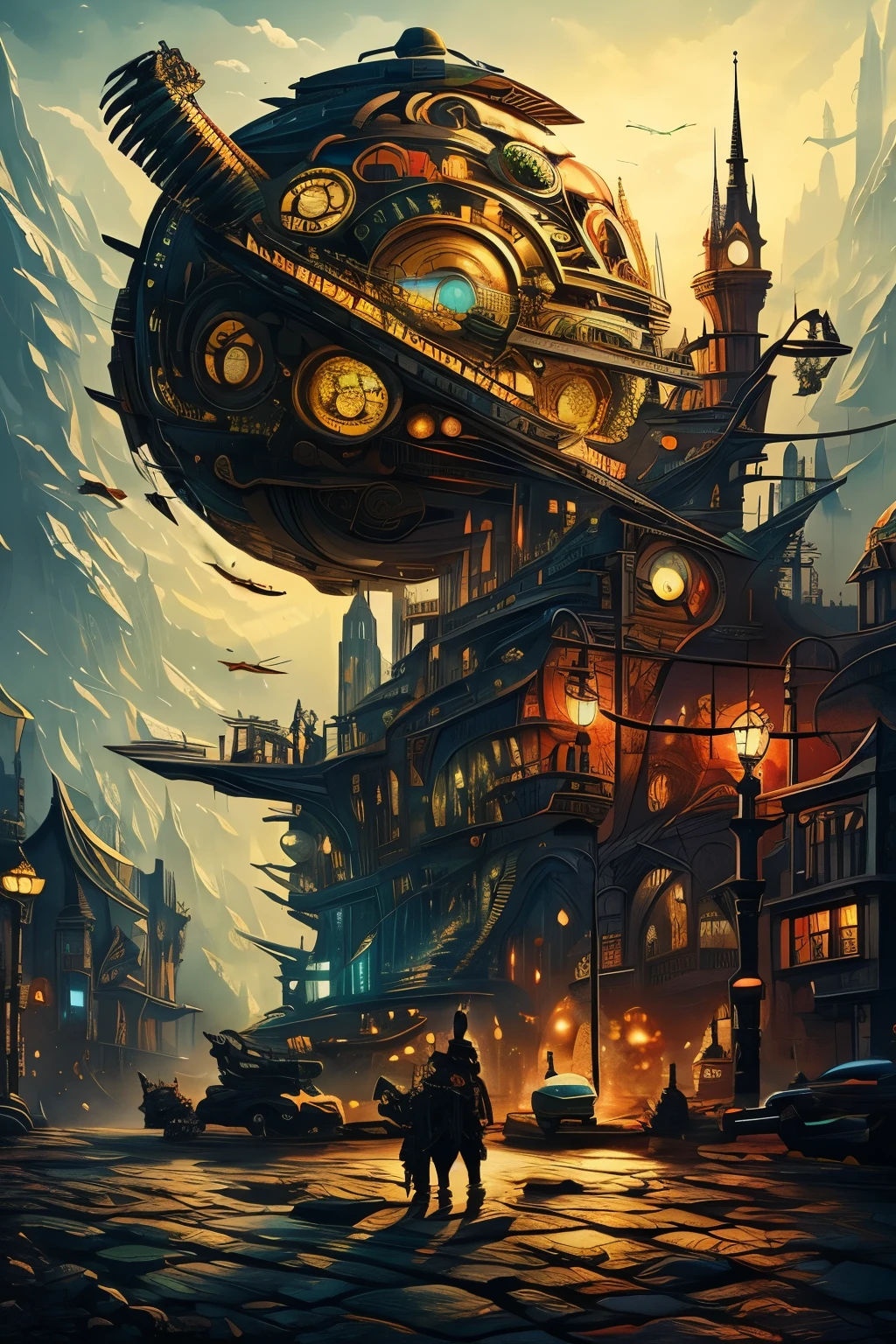 best quality, super fine, 16k, incredibly absurdres, extremely detailed, kaleidoscope of (cyberpunk:0.5), steampunk, dieselpunk, and clockpunk, with a beautiful Creator or Destruction Gods at its center, dark fantasy, BREAK , variety of visual styles that combine various artistic elements like a sparkling iridescent pastel and vivid colors