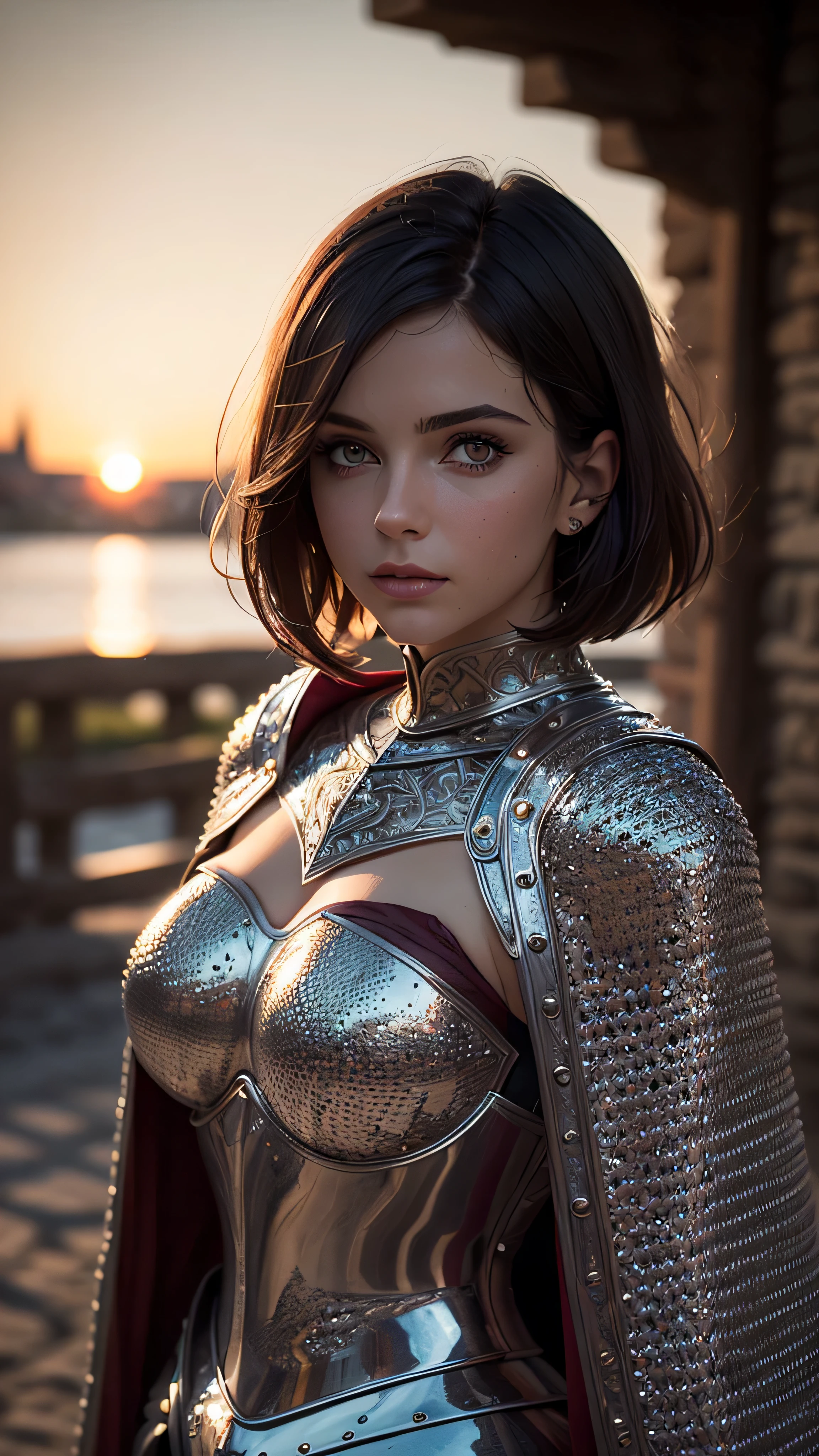(masterpiece), (extremely intricate:1.3), (realistic), portrait of a girl, (medieval armor), metal reflections, upper body, outdoors, intense sunlight, far away castle, professional photograph of a stunning woman detailed, (short undercut dark bob hair, dynamic pose), sharp focus, dramatic, award winning, cinematic lighting, volumetrics dtx, (film grain, blurry background, blurry foreground, bokeh, depth of field, sunset, interaction, maroon Perfectchainmail, cape)