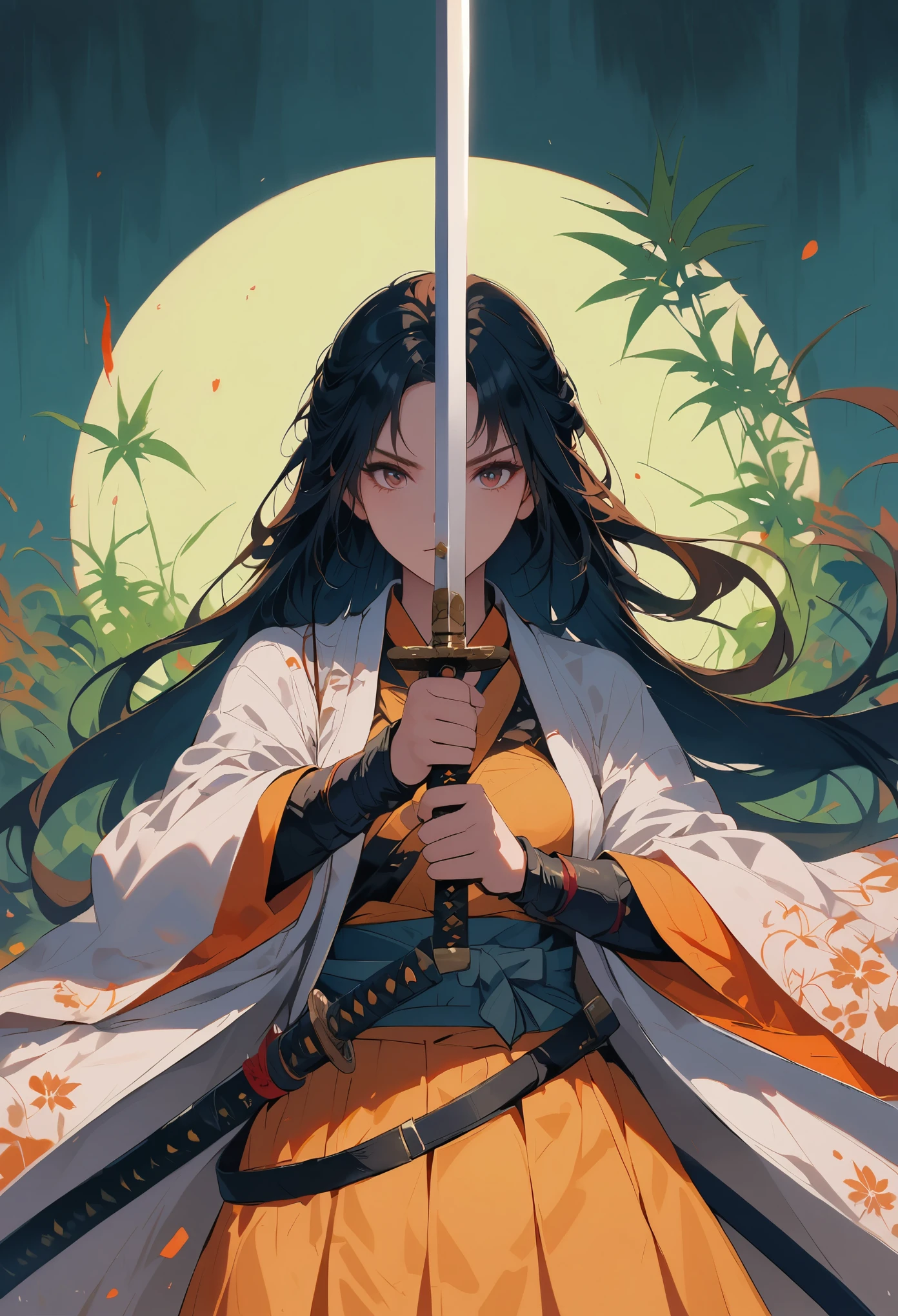 swordsman,1girl,brown hair,full moon,holding weapon,japanese clothes,katana,long hair,moon,skirt,sky,solo,sun,sword,weapon,holding sword with both hands,sword focus