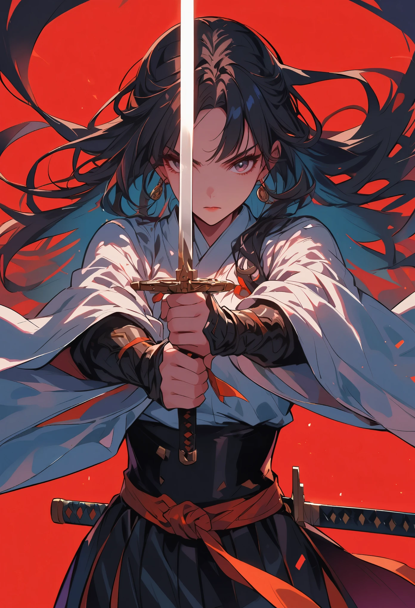 swordsman,1girl,black hair,earrings,holding,holding sword,jewelry,long hair,looking at viewer,red background,solo,sword,weapon,wide sleeves,holding sword with both hands,sword focus
