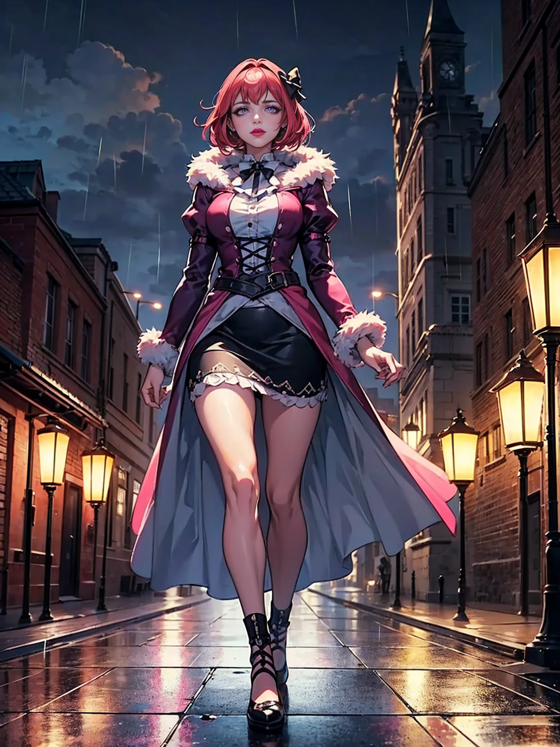 ((solo, 1woman, TakashiroHiroko, dark purple eyes, red hair, pink lipstick, Extremely detailed, ambient soft lighting, 4k, perfect eyes, a perfect face, perfect lighting, a 1girl)), ((solo, (1woman, pink lipstick), Extremely detailed, ambient soft lighting, 4k, perfect eyes, a perfect face, perfect lighting, a 1girl)), Delicately portrayed hands, masterpieces, extremely detailed depiction, extremely delicate picture, 1girl, (princess dress), ((Crinoline skirt)), bow on head, gothic style, waist seal, gothic style, big skirt, cute, beautiful girl, lantern, puff sleeves, puffy skirt, full body, functional wind coat, steampunk, background (gothic architecture, rain, gloomy sky, tower, city vista)