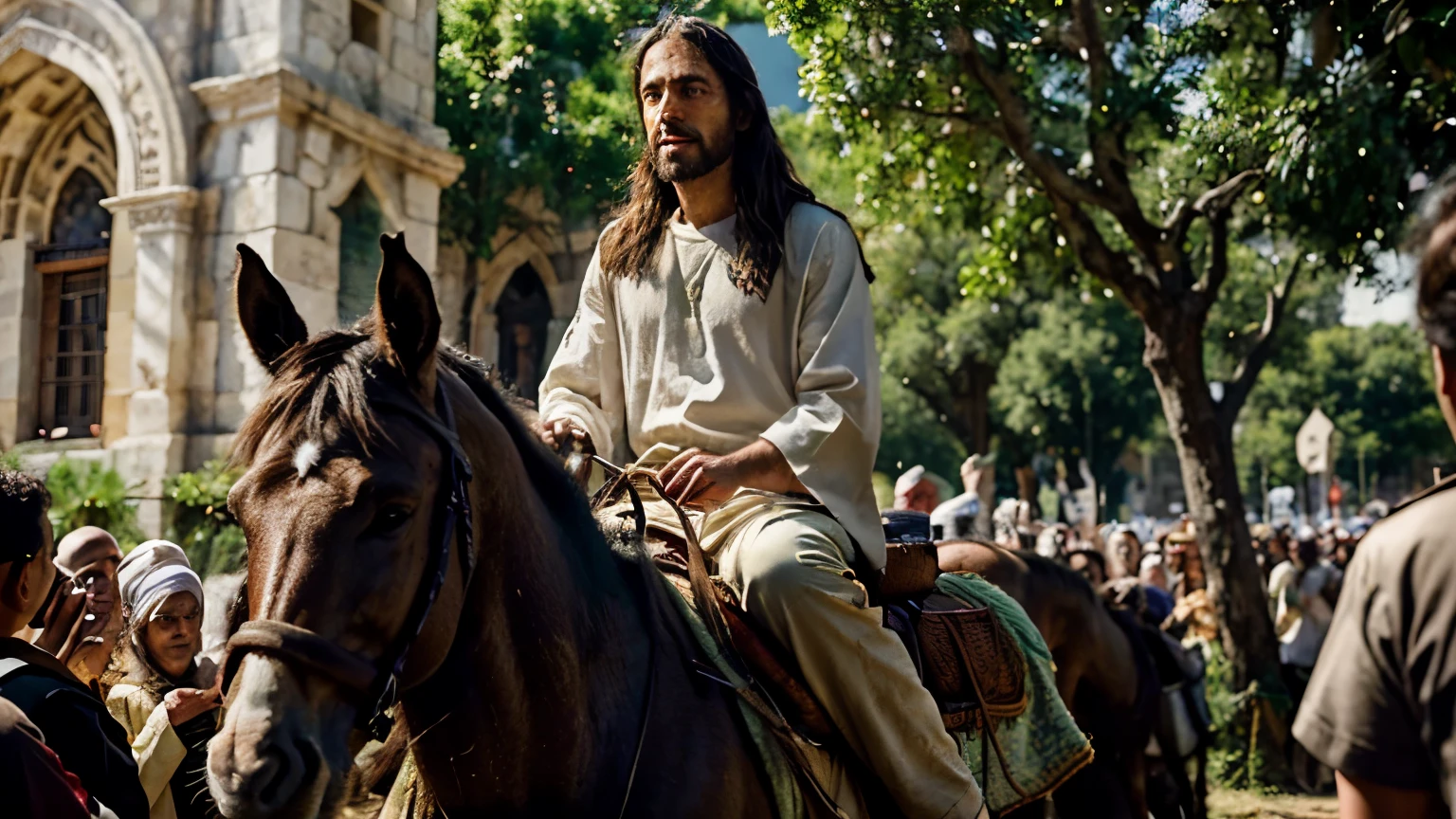 Jesus, entering Jerusalem riding a donkey, recognizes the crowd (who adorn his path with branches and green leaves in hand), expressing reverence for his beloved master. The image, captured with stunning realism on the Canon 8k camera, depicts this important scene in unparalleled detail. Jesus radiates a serene aura, his compassion and wisdom evident in his gentle smile and kind eyes. The devotees' faces reflect pure devotion and admiration, embodying the profound impact of the master's presence. Vibrant colors and complex textures bring this sacred event to life, evoking a feeling of awe and wonder in the viewer.