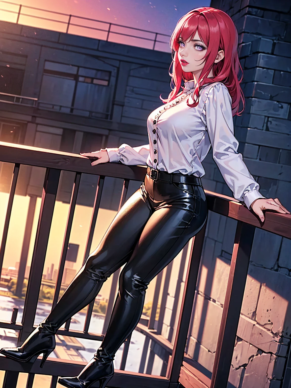 ((solo, 1woman, TakashiroHiroko, dark purple eyes, red hair, pink lipstick, Extremely detailed, ambient soft lighting, 4k, perfect eyes, a perfect face, perfect lighting, a 1girl)), ((solo, (1woman, pink lipstick), Extremely detailed, ambient soft lighting, 4k, perfect eyes, a perfect face, perfect lighting, a 1girl)), ((black leather pants, (high heels, ((wool blouse, wool white blouse, long sleeve blouse, white wool blouse))), black leggings, leather pants, black pants, tight clothes, shiny leather, leather, leathery, farm, balcony, leaning on a balcony, leaning on the railing, leaning on the railing on a balcony, looking to the left, side perspective, admiring the landscape, farm background, pond))