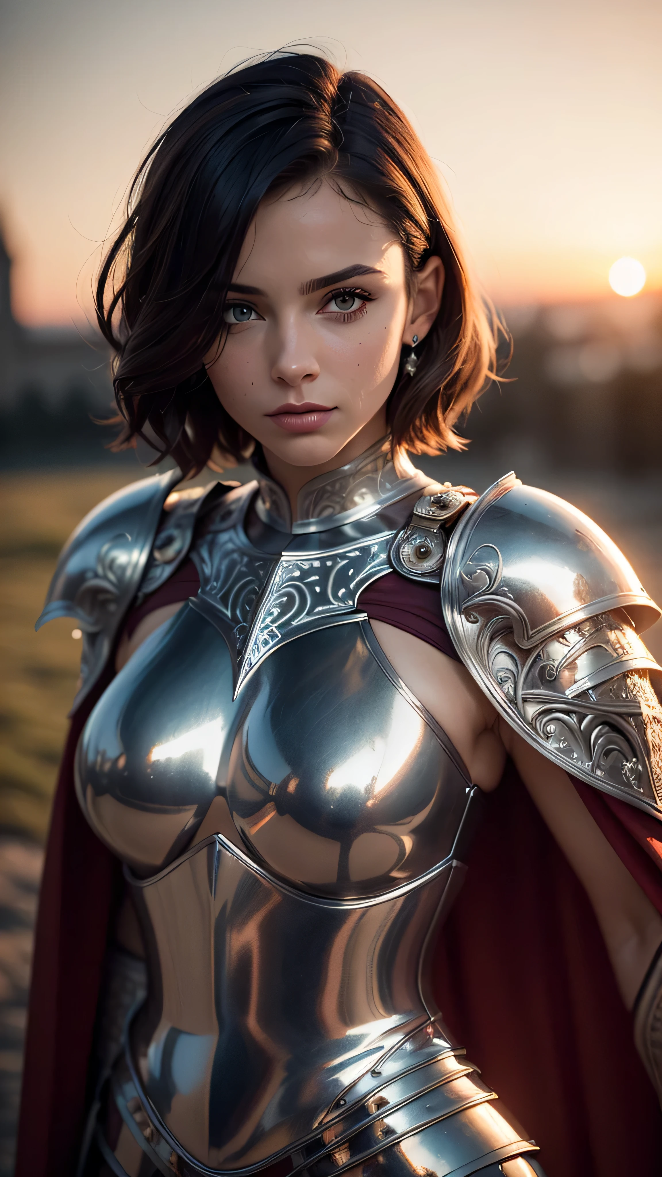 (masterpiece), (extremely intricate:1.3), (realistic), portrait of a girl, (medieval armor), metal reflections, upper body, outdoors, intense sunlight, far away castle, professional photograph of a stunning woman detailed, (short undercut dark shaved hair, dynamic pose), sharp focus, dramatic, award winning, cinematic lighting, volumetrics dtx, (film grain, blurry background, blurry foreground, bokeh, depth of field, sunset, interaction, maroon Perfectchainmail, cape), 8K
