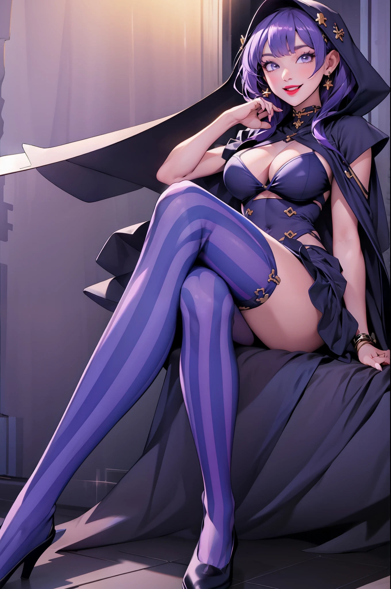 perfect eyes:1.2, detailed eyes:1.4, crazy smile, purple hair, hair over shoulder, robe, cape, fringe, tentacles, argyle, checkered, clothing cutout, stripedthighhighs, black and blue vertical striped thighhighs, makeup, lipstick, hood up, cleavage, sitting, 1girl, solo, (masterpiece:1.6, best quality),