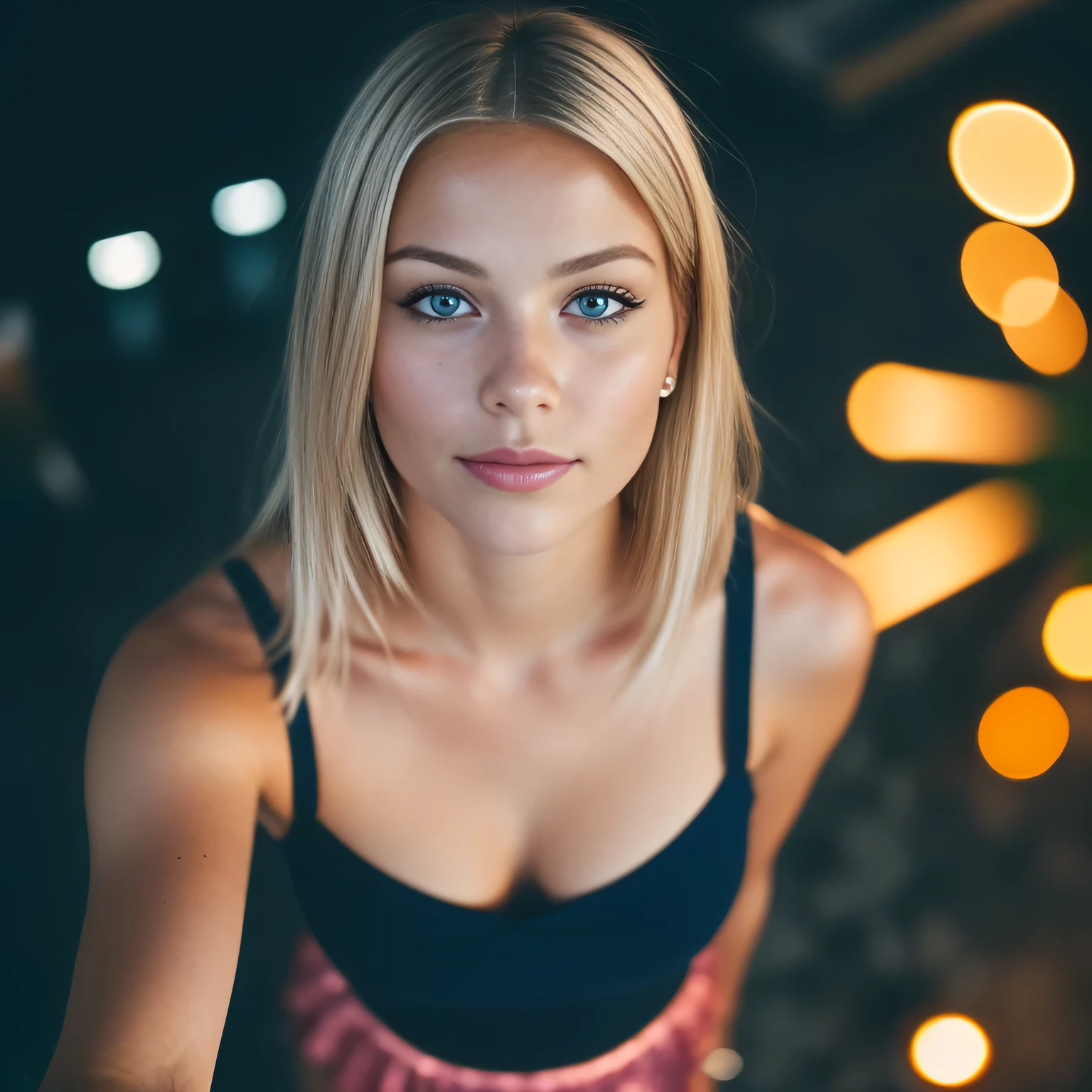 (Selfie, vue de dessus: 1.4), (Right half of the body: 1.4), Photo portrait RAW UHD d'une blonde de 24 ans (Femme aux yeux bleus) marcher sur la plage, palmiers, (jupe), (encolure), Details (textures! , cheveux! , paillettes, couleur!! , disadvantages: 1.1), yeux brillants avec beaucoup de détails (en regardant la caméra), Reflex lighting, Appareil photo reflex, Ultra-quality, Acuity, profondeur de champ, grain de film (centre), Fujifilm XT3, Clair comme de l'eau de roche, frame centre, beau visage, sharpness, lampadaire, Neon lighting, Bokeh (dimly lit), nuit, (nuit sky), detailed skin pores, la peau grasse, Coup de soleil, complex eye Details, Tout le corps, gros seins