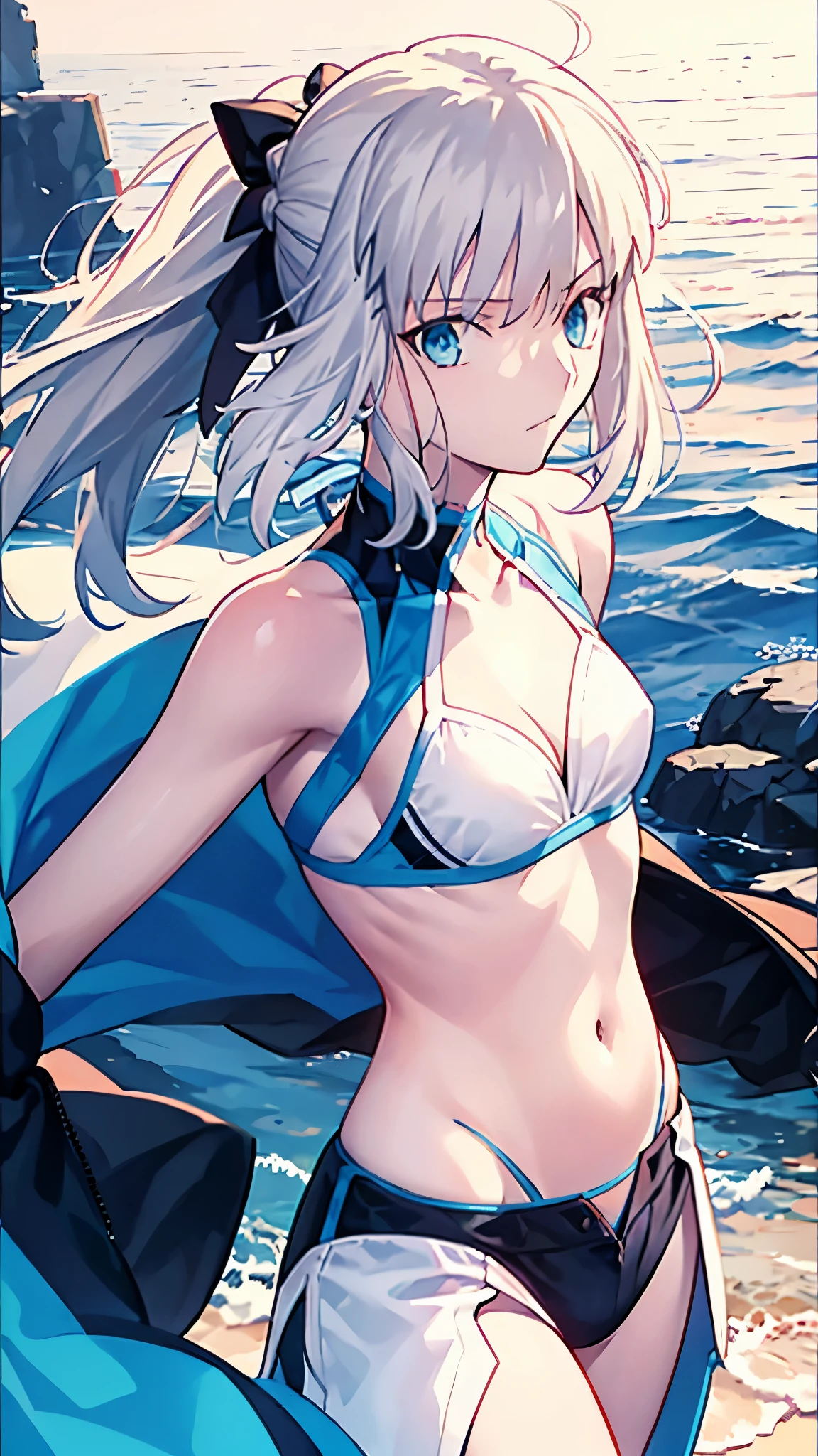 1girl, masterpiece, highres, solo, 8k, detailed, perfect face, (ultra high quality), looking viewers, large breast, cleavage, collarbone, silver hair, long hair, ponytail hair, blue eyes, white bikini, swimsuit, denim short, mini short, belly, stomach, navel, midriff, abs, emotionless, flat face, perfect hands